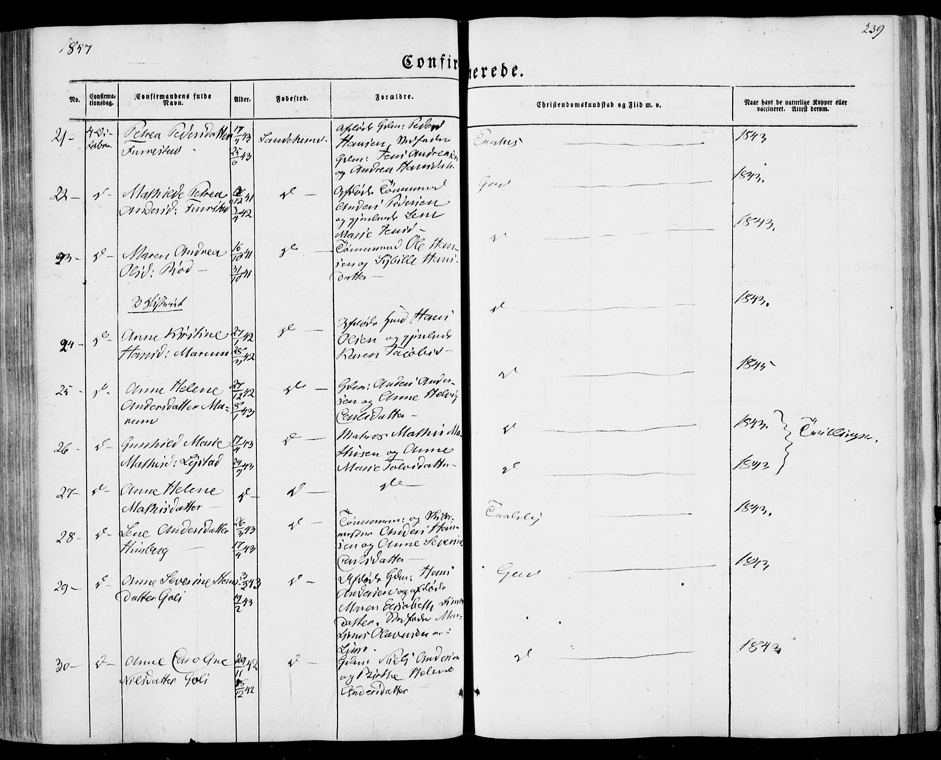 Sandar kirkebøker, AV/SAKO-A-243/F/Fa/L0007: Parish register (official) no. 7, 1855-1861, p. 239