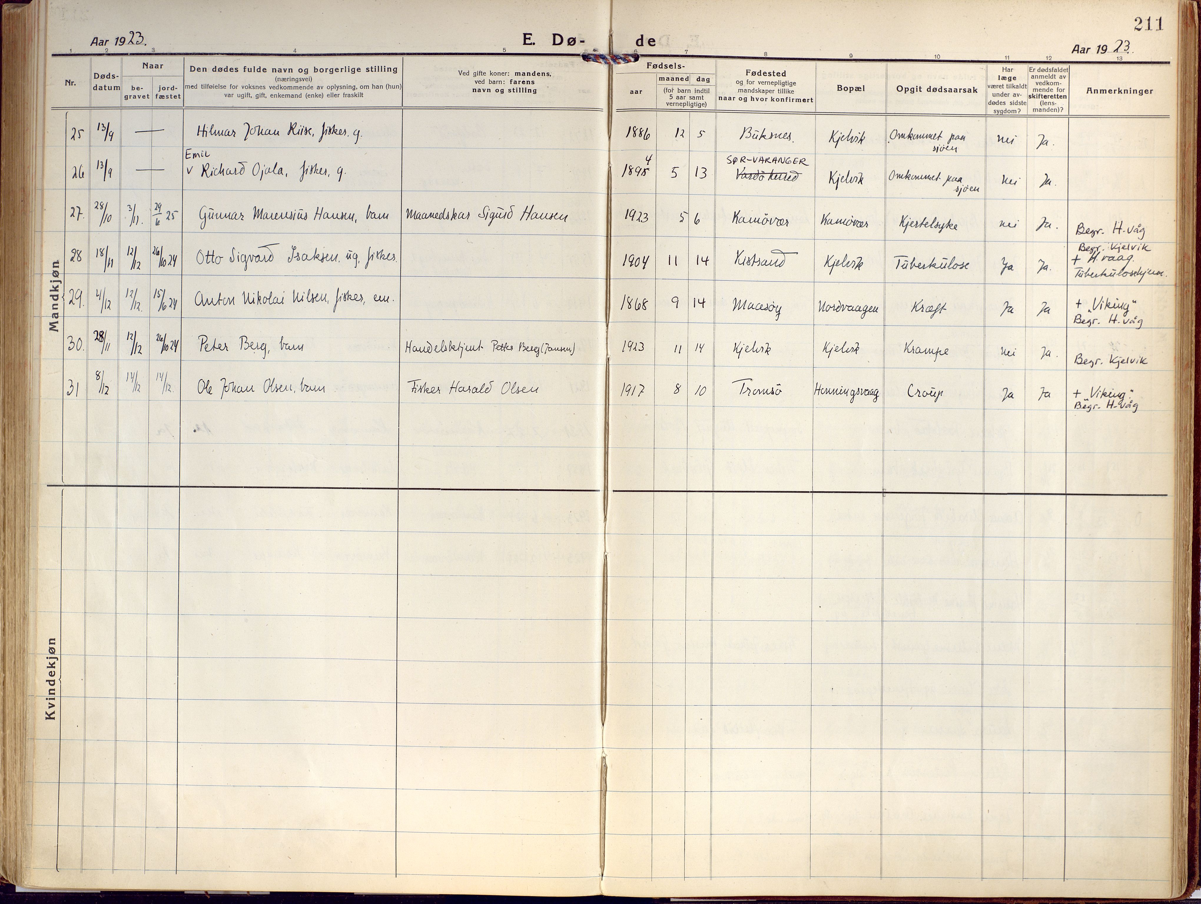 Kjelvik/Nordkapp sokneprestkontor, AV/SATØ-S-1350/H/Ha/L0002kirke: Parish register (official) no. 2, 1920-1929, p. 211