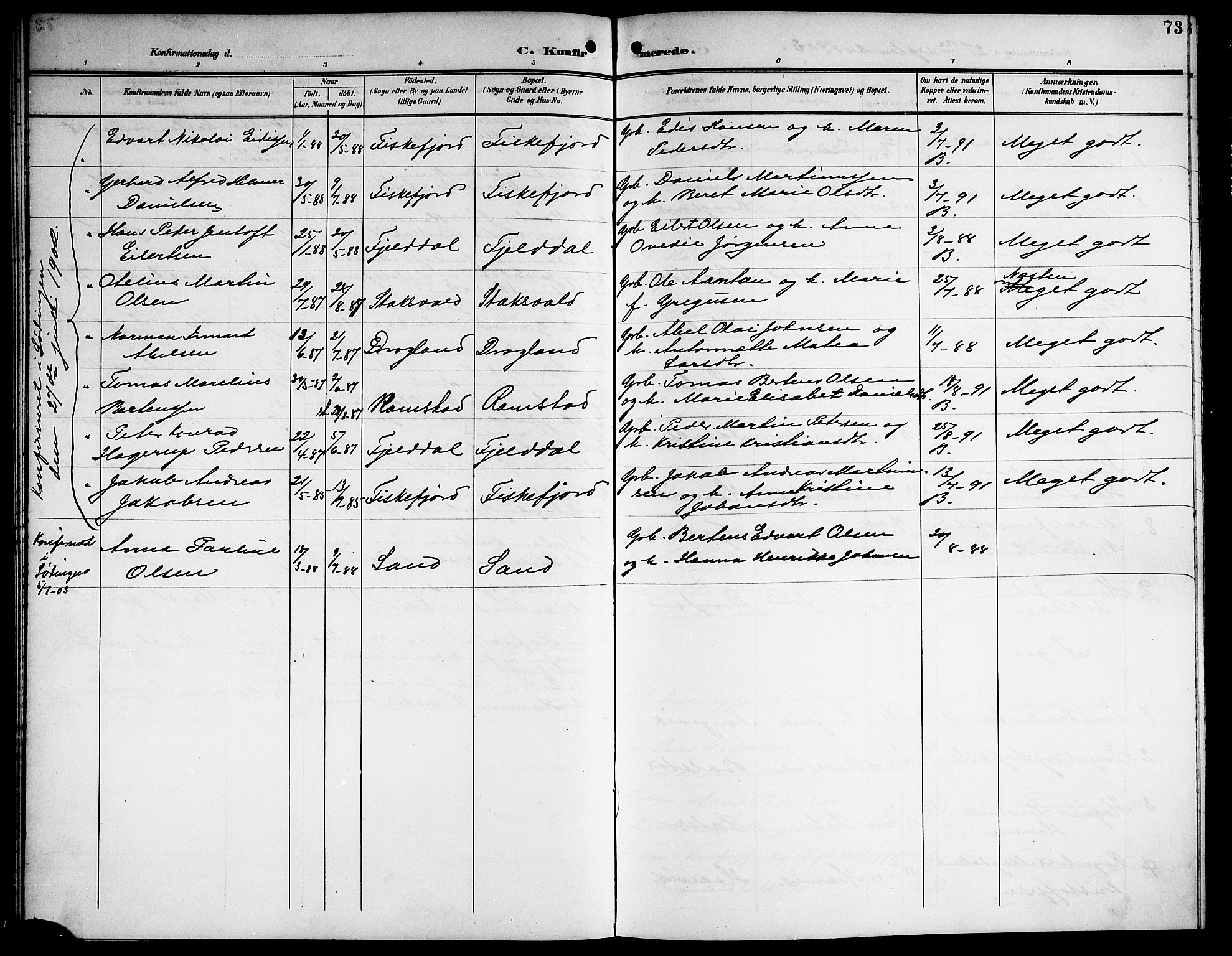 Ministerialprotokoller, klokkerbøker og fødselsregistre - Nordland, AV/SAT-A-1459/865/L0932: Parish register (copy) no. 865C04, 1901-1917, p. 73