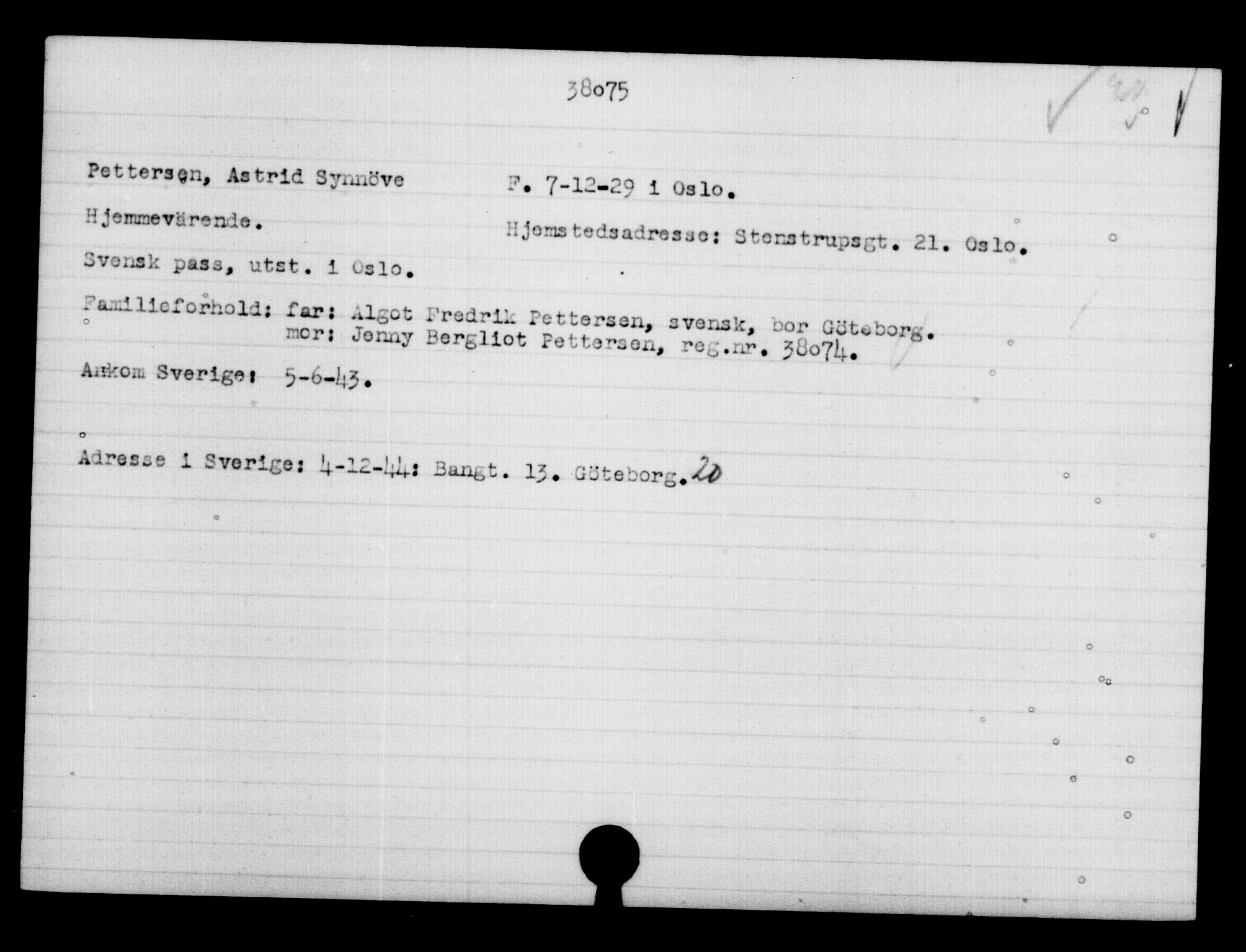 Utenriksstasjonene, Legasjonen i Stockholm, Flyktningkontoret, AV/RA-S-6753/V/Va/L0015: Kjesäterkartoteket, flyktninger med registreringsnr. 37800-40770, 1940-1945, p. 279