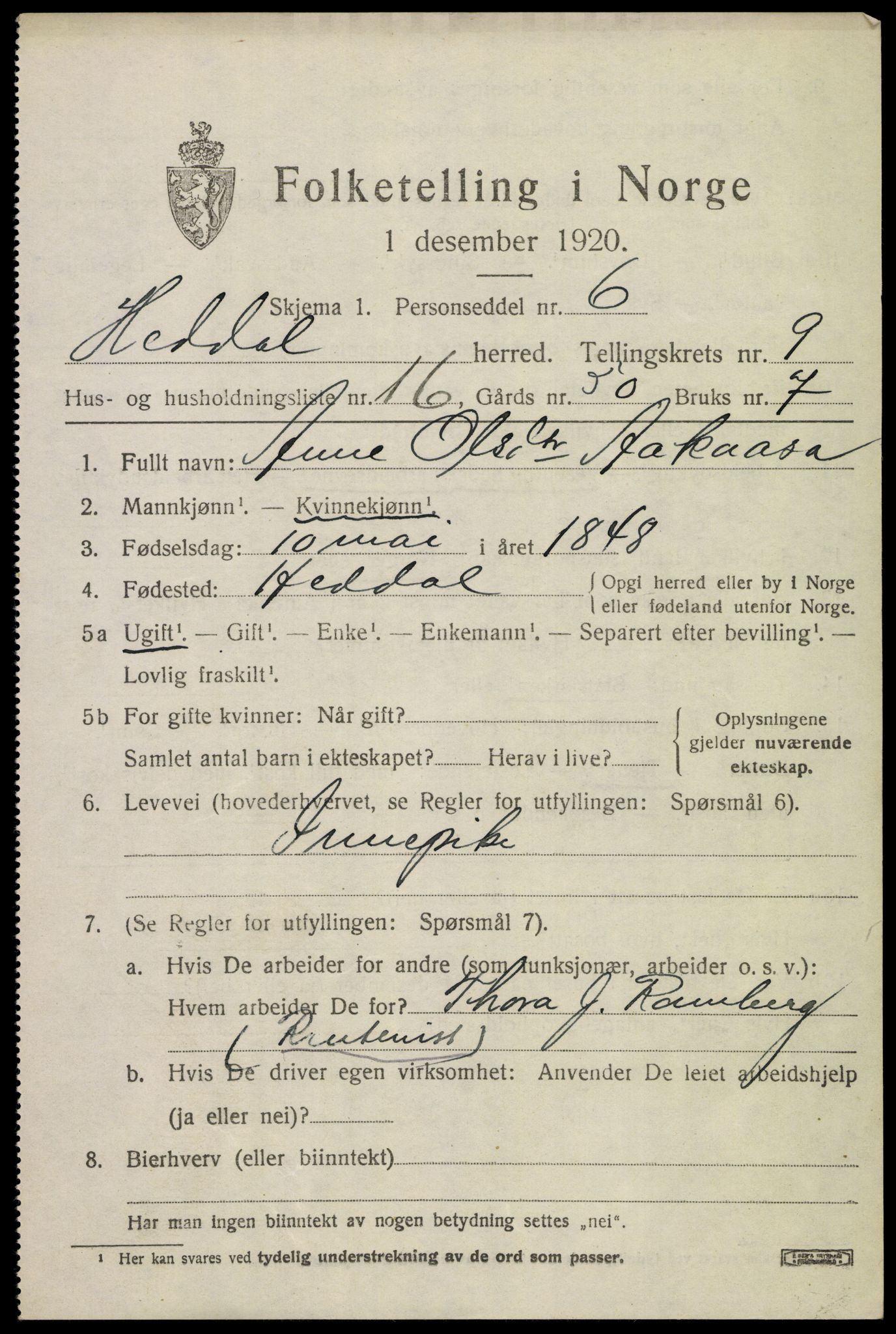 SAKO, 1920 census for Heddal, 1920, p. 6772