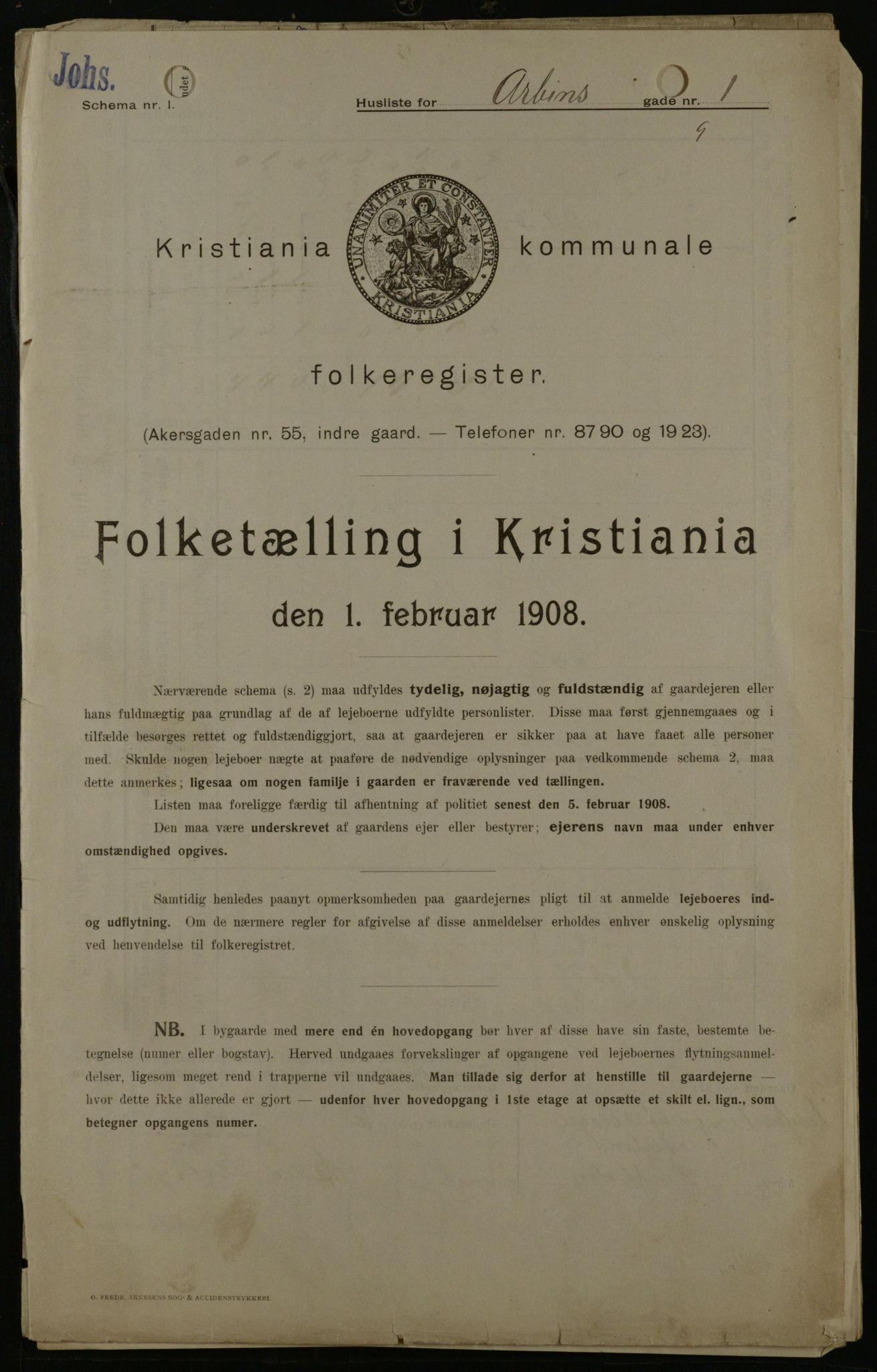 OBA, Municipal Census 1908 for Kristiania, 1908, p. 1739