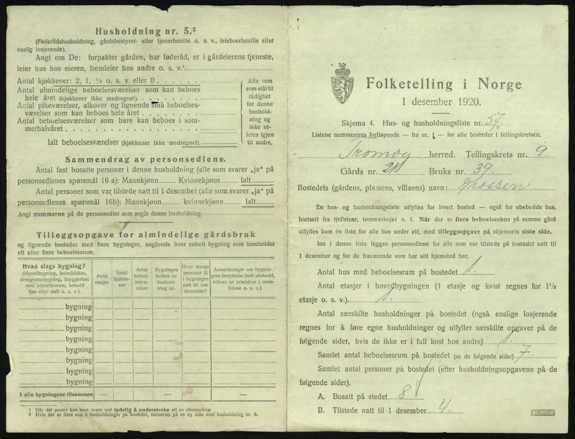 SAK, 1920 census for Tromøy, 1920, p. 1071