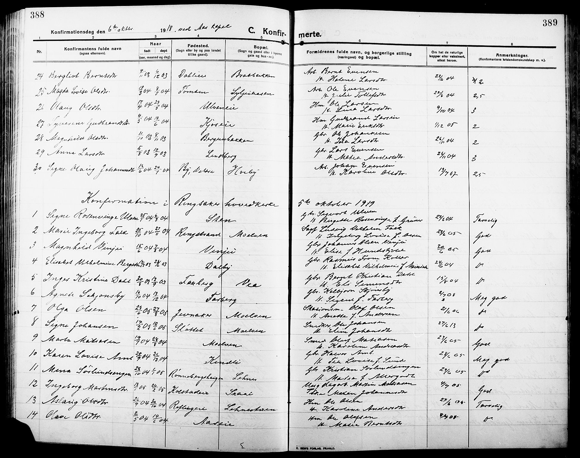 Ringsaker prestekontor, SAH/PREST-014/L/La/L0018: Parish register (copy) no. 18, 1913-1922, p. 388-389