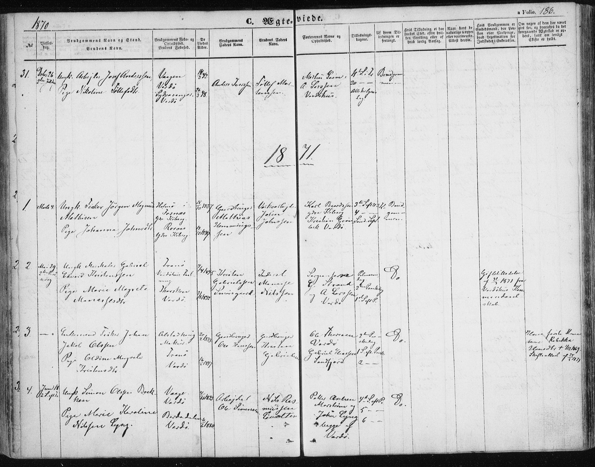 Vardø sokneprestkontor, SATØ/S-1332/H/Ha/L0004kirke: Parish register (official) no. 4, 1862-1871, p. 186