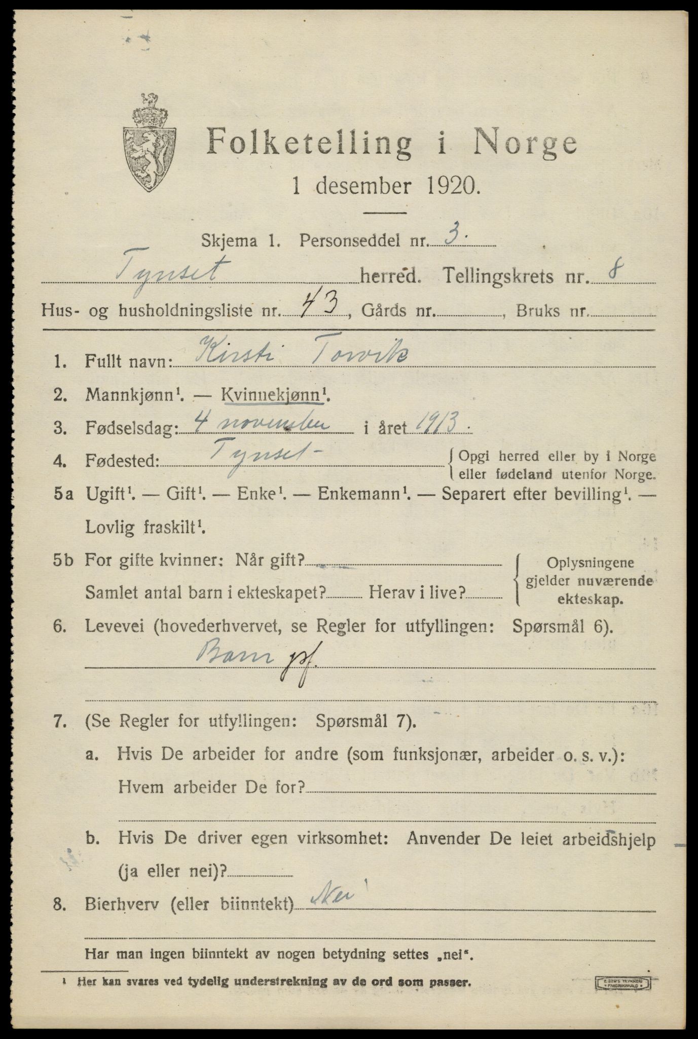 SAH, 1920 census for Tynset, 1920, p. 7132