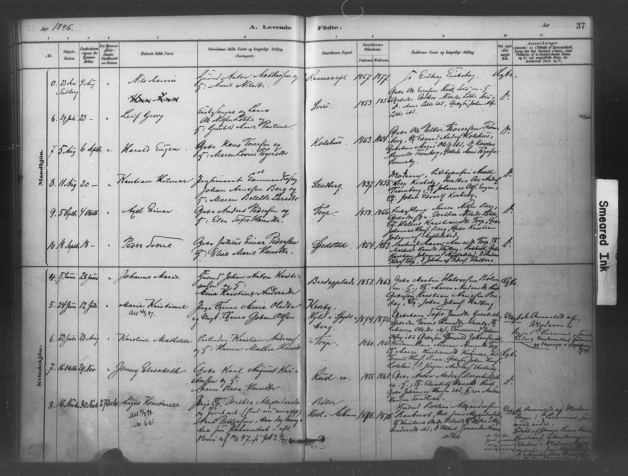 Eidsberg prestekontor Kirkebøker, SAO/A-10905/F/Fc/L0001: Parish register (official) no. III 1, 1879-1905, p. 37