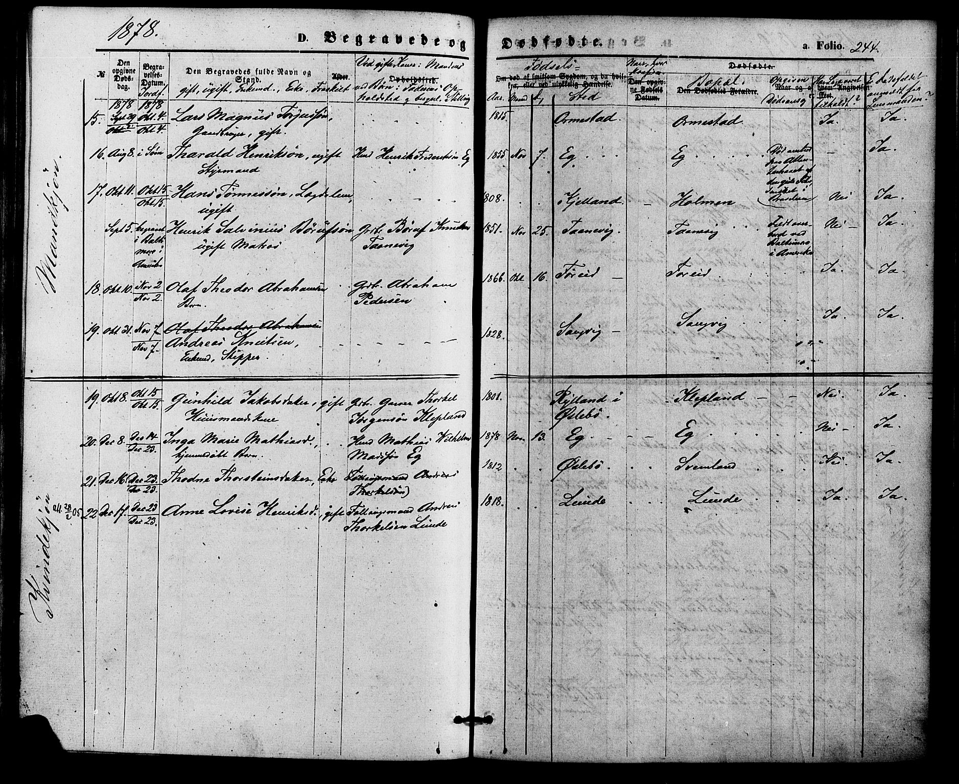 Søgne sokneprestkontor, SAK/1111-0037/F/Fa/Fab/L0011: Parish register (official) no. A 11, 1869-1879, p. 244