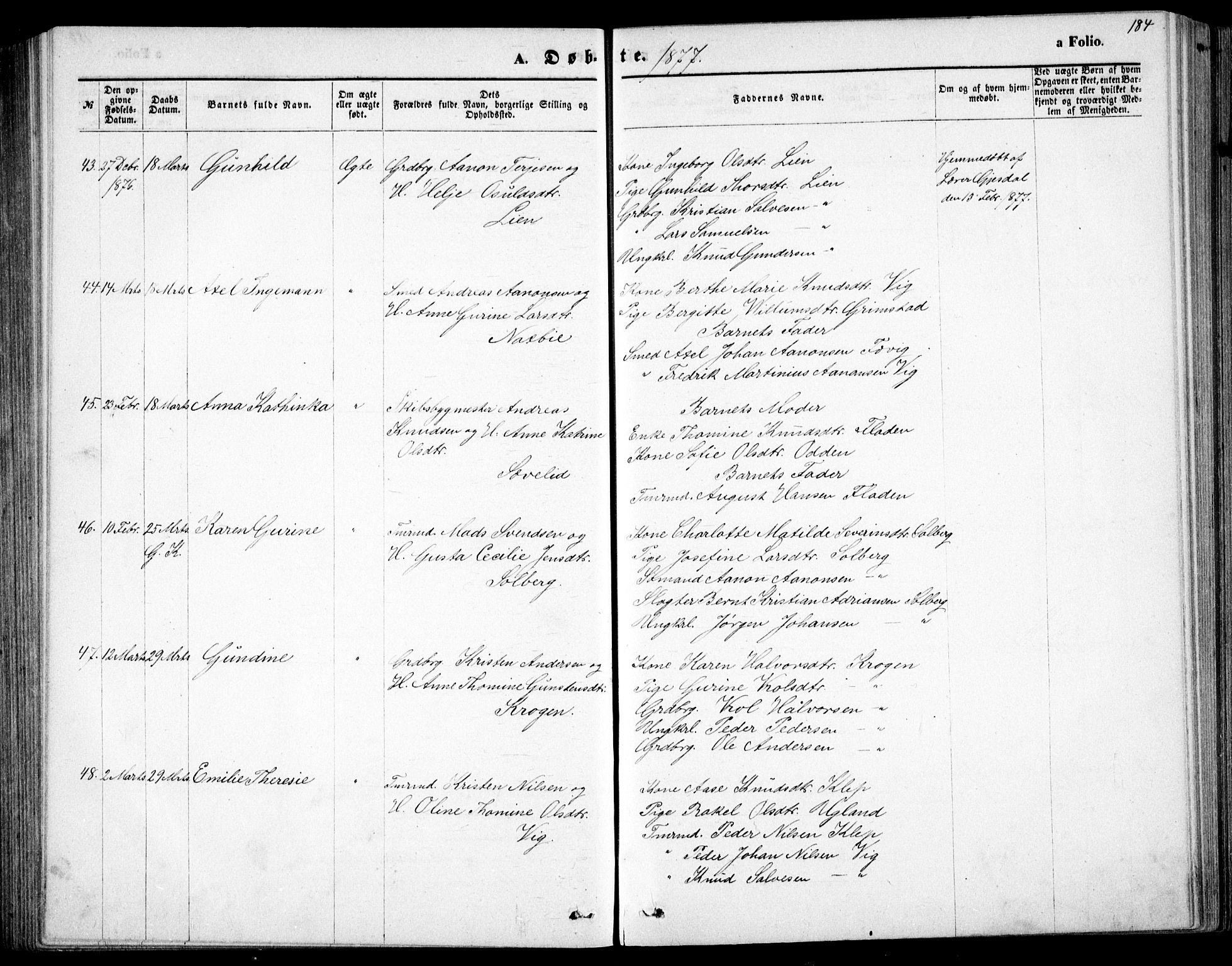 Fjære sokneprestkontor, AV/SAK-1111-0011/F/Fb/L0010: Parish register (copy) no. B 10, 1871-1880, p. 184