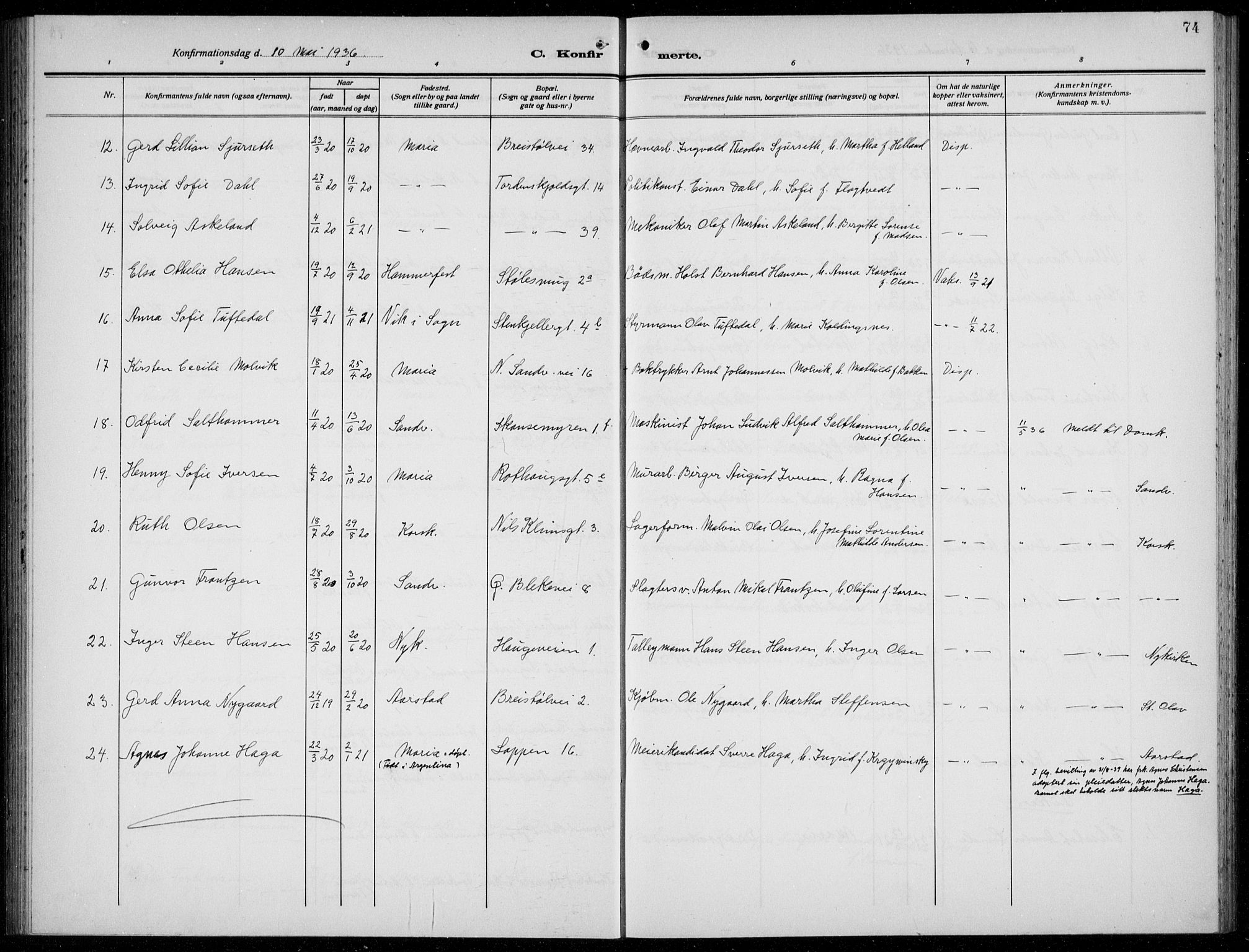 Mariakirken Sokneprestembete, AV/SAB-A-76901/H/Hab/L0010: Parish register (copy) no. A 10, 1920-1937, p. 74
