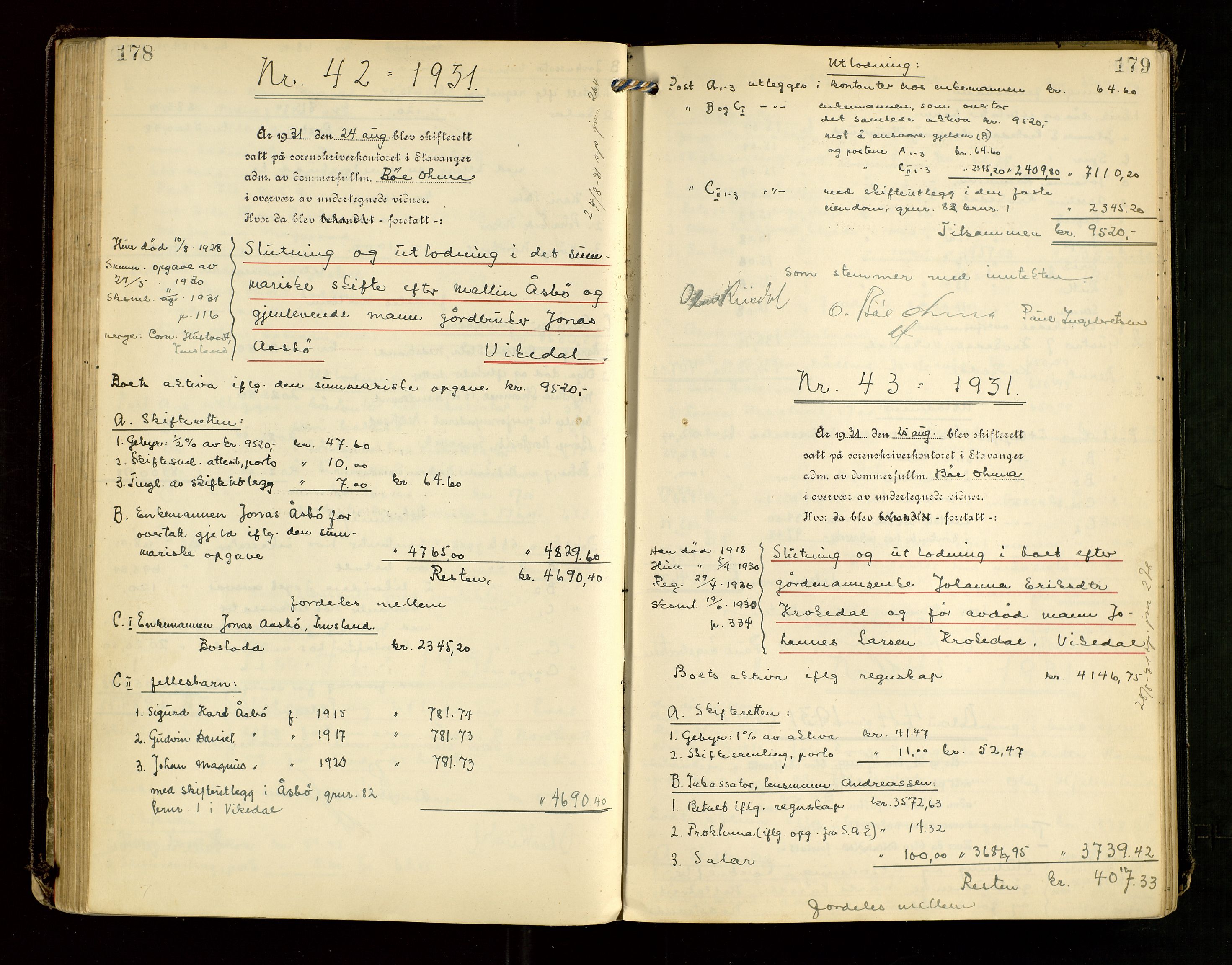 Ryfylke tingrett, SAST/A-100055/001/IV/IVG/L0007: Skifteutlodningsprotokoll Med register, 1929-1933, p. 178-179