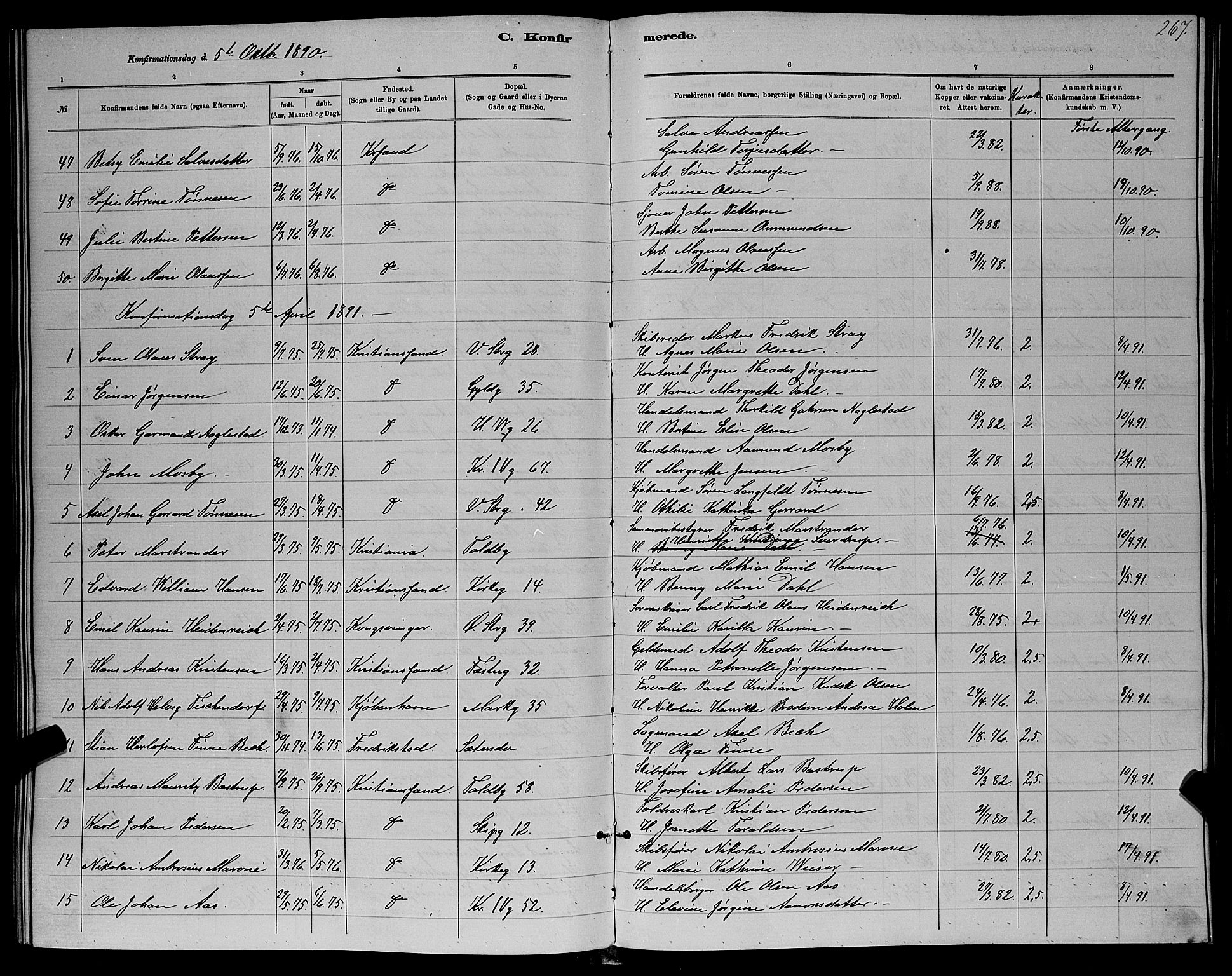 Kristiansand domprosti, SAK/1112-0006/F/Fb/L0016: Parish register (copy) no. B 16, 1881-1893, p. 267