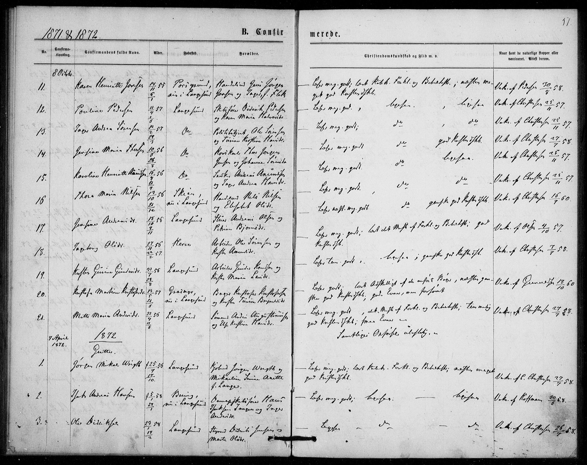 Langesund kirkebøker, SAKO/A-280/F/Fa/L0001: Parish register (official) no. 1, 1870-1877, p. 51