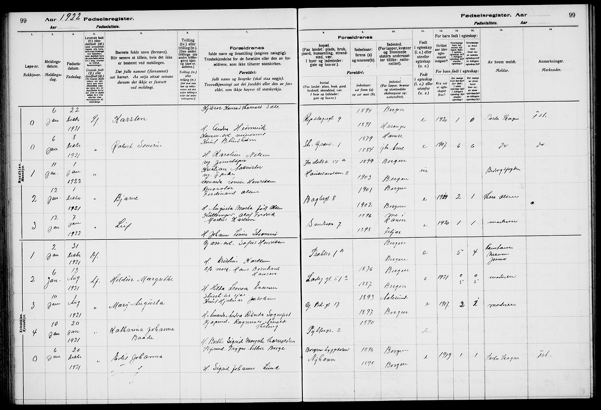 Sandviken Sokneprestembete, SAB/A-77601/I/Ib/L00A2: Birth register no. A 2, 1920-1923, p. 99