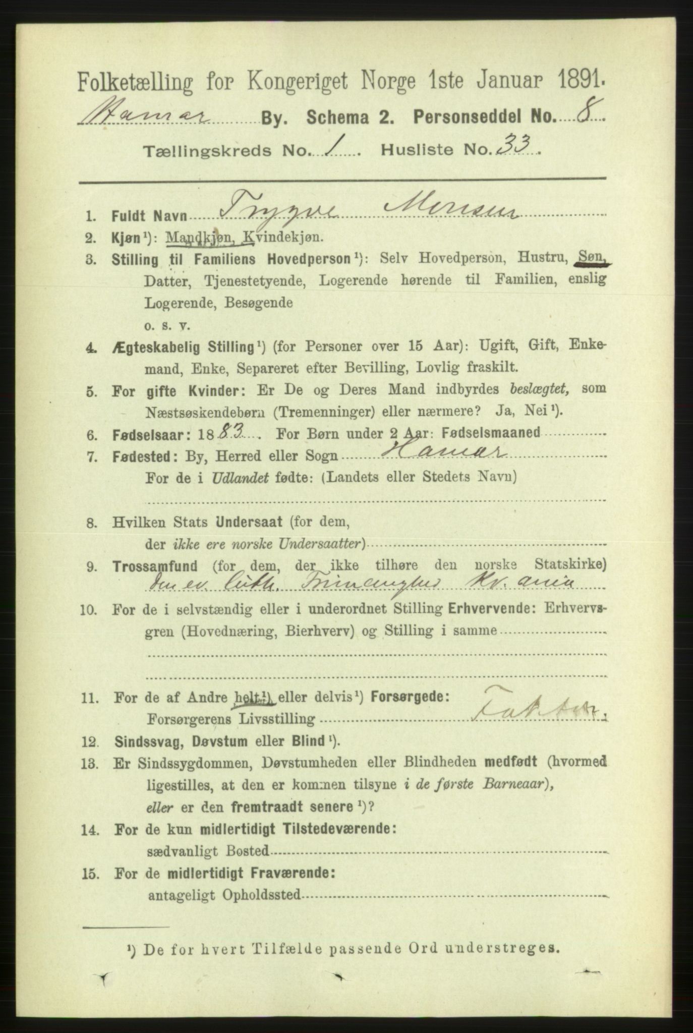 RA, 1891 census for 0401 Hamar, 1891, p. 461