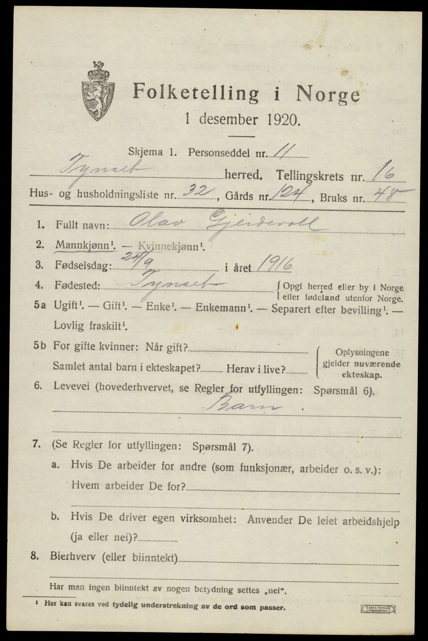SAH, 1920 census for Tynset, 1920, p. 10038