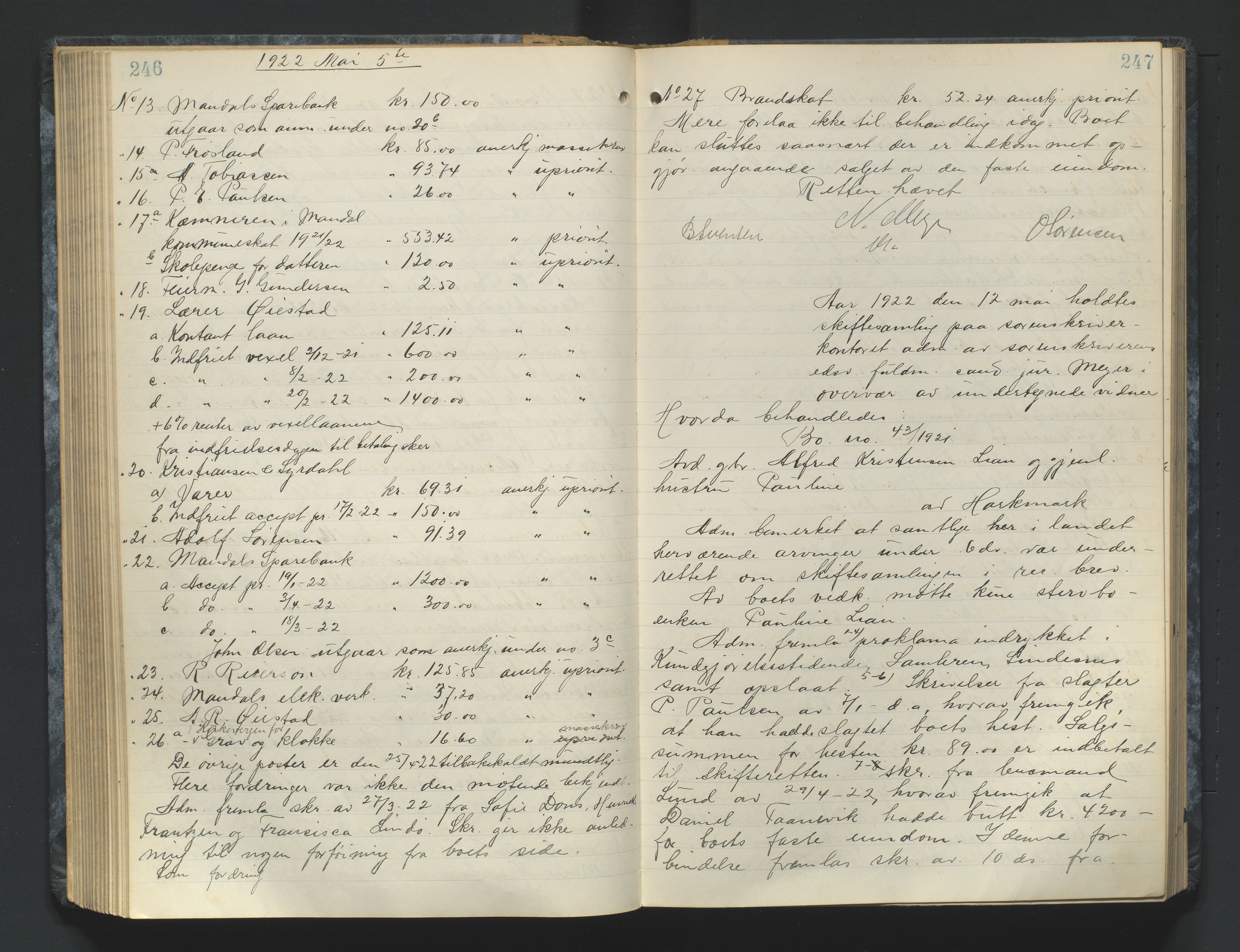 Mandal sorenskriveri, AV/SAK-1221-0005/001/H/Hc/L0084: Skifteforhandlingsprotokoll nr 16, 1921-1924, p. 246-247