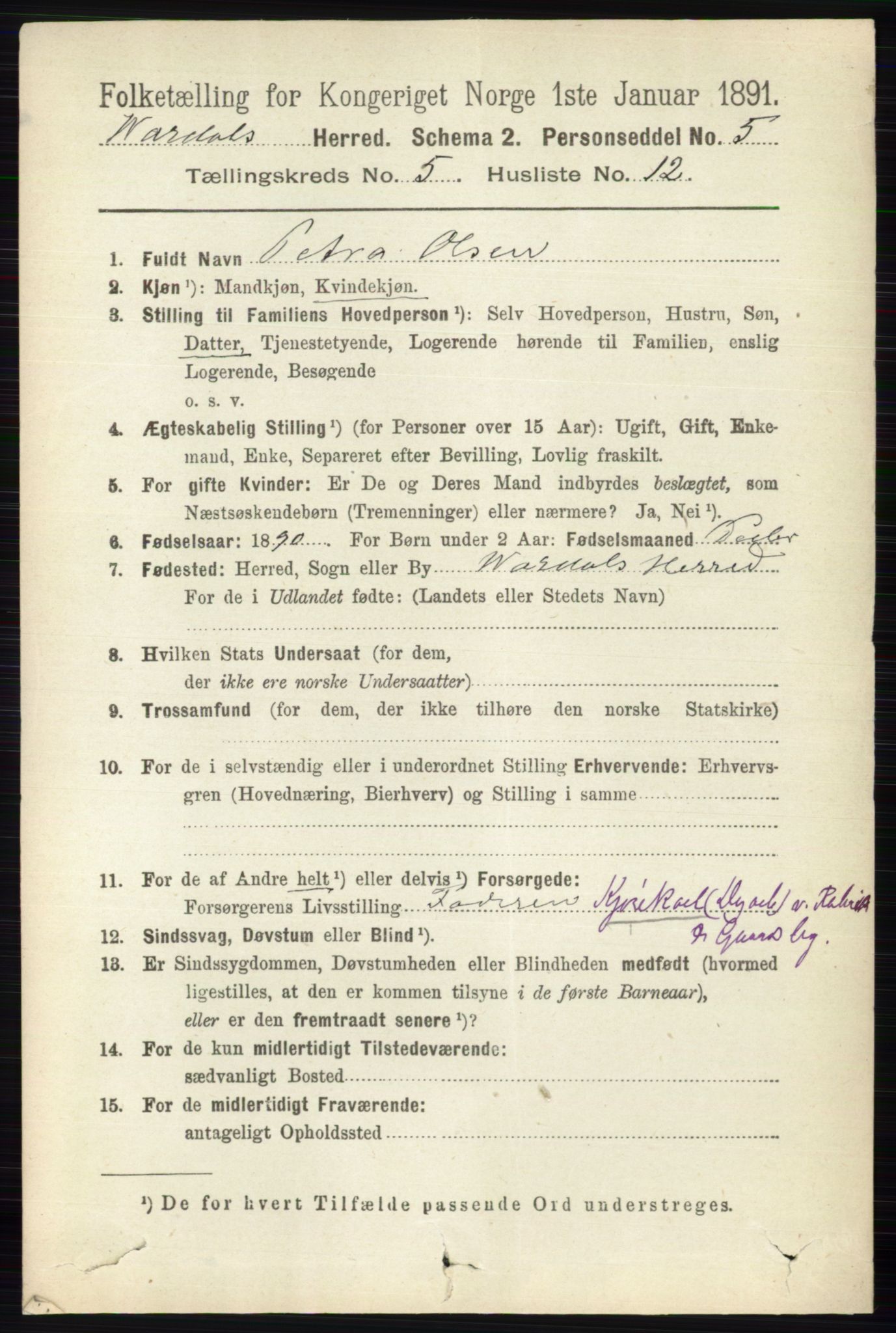 RA, 1891 census for 0527 Vardal, 1891, p. 2280