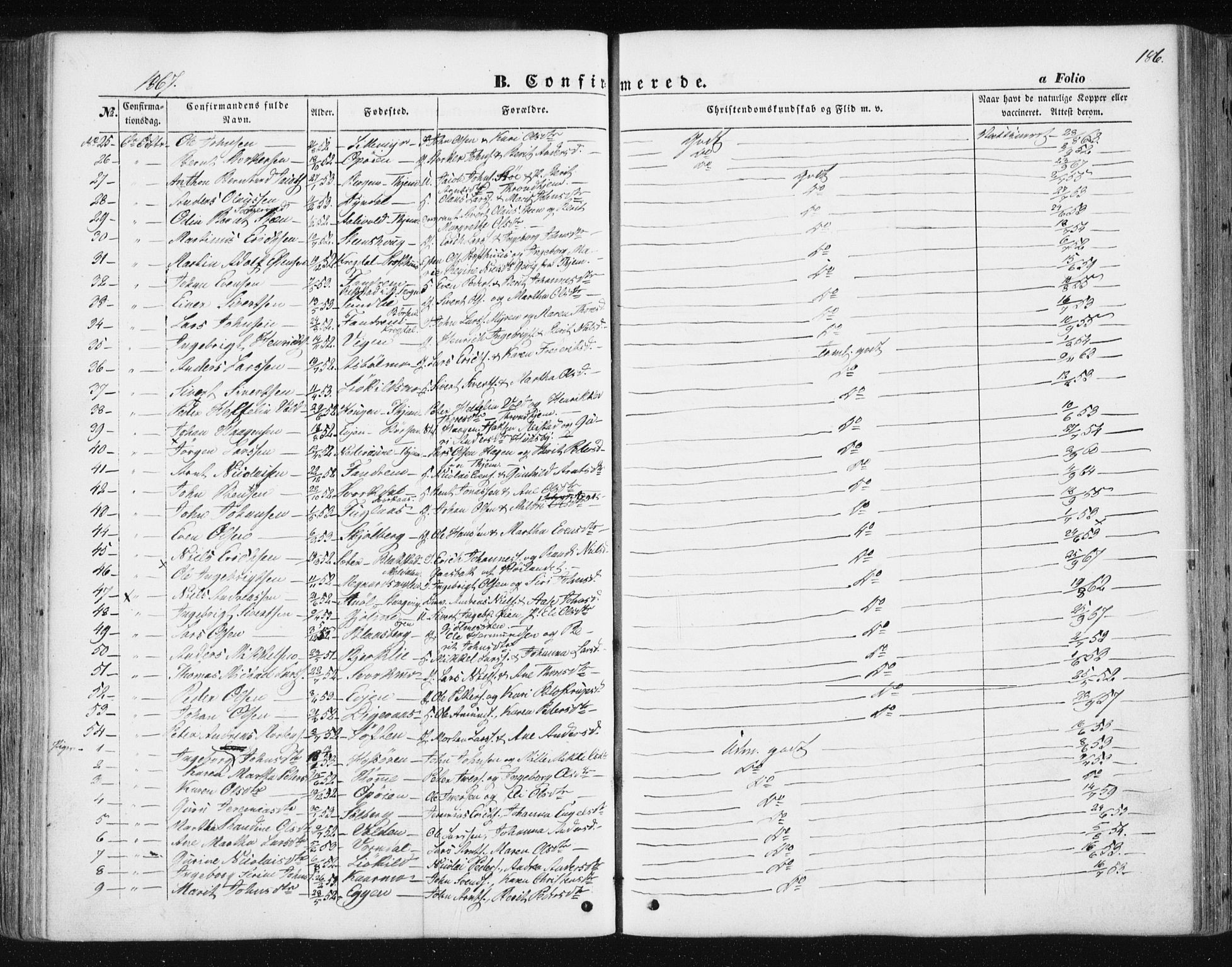 Ministerialprotokoller, klokkerbøker og fødselsregistre - Sør-Trøndelag, AV/SAT-A-1456/668/L0806: Parish register (official) no. 668A06, 1854-1869, p. 186