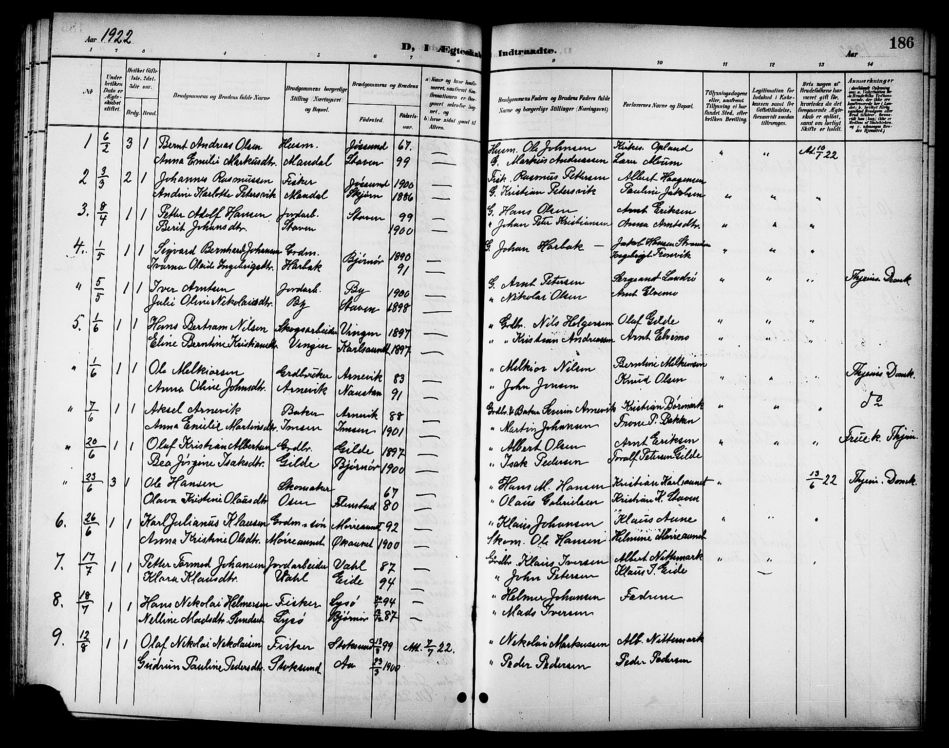 Ministerialprotokoller, klokkerbøker og fødselsregistre - Sør-Trøndelag, SAT/A-1456/655/L0688: Parish register (copy) no. 655C04, 1899-1922, p. 186