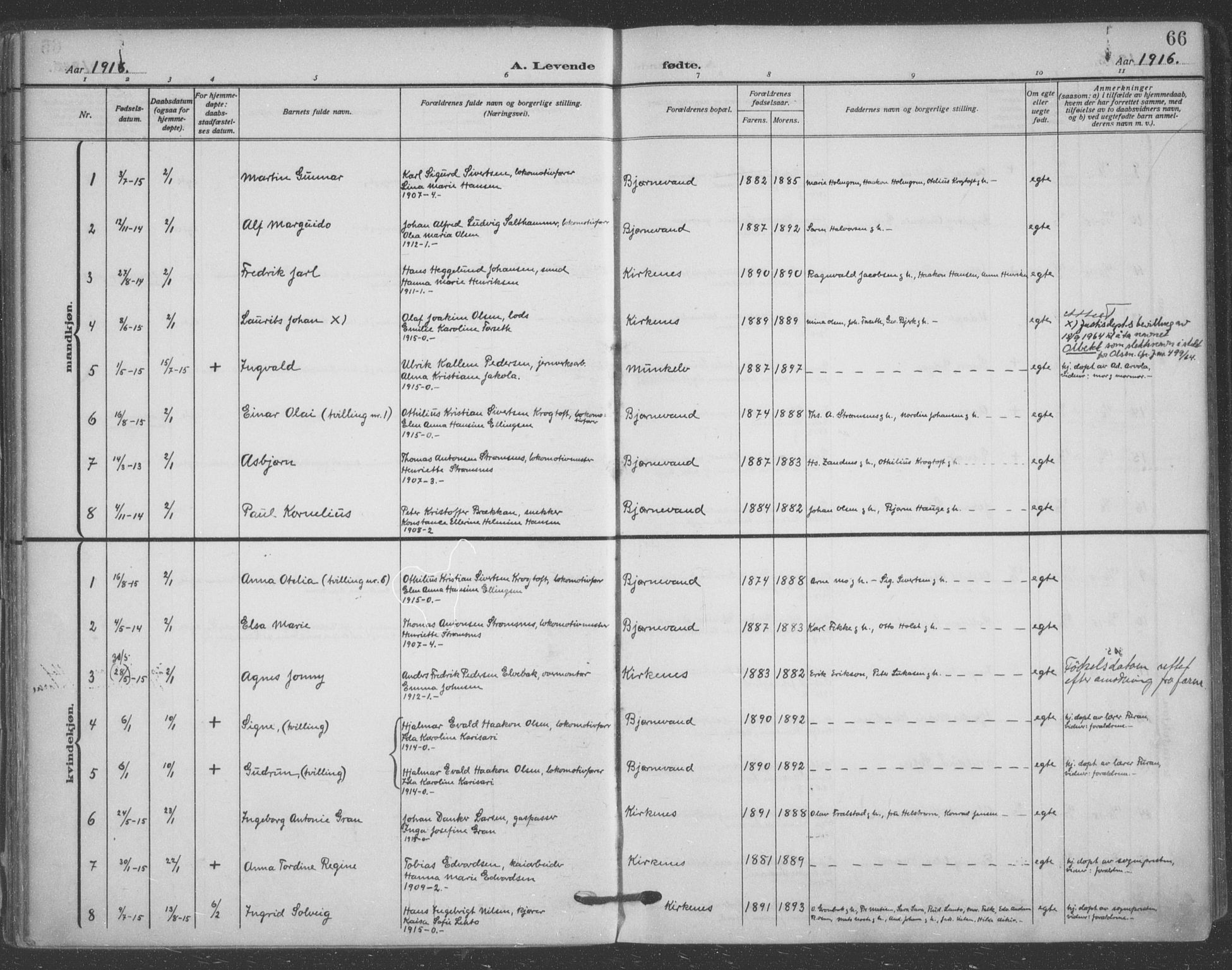 Sør-Varanger sokneprestkontor, AV/SATØ-S-1331/H/Ha/L0005kirke: Parish register (official) no. 5, 1909-1919, p. 66