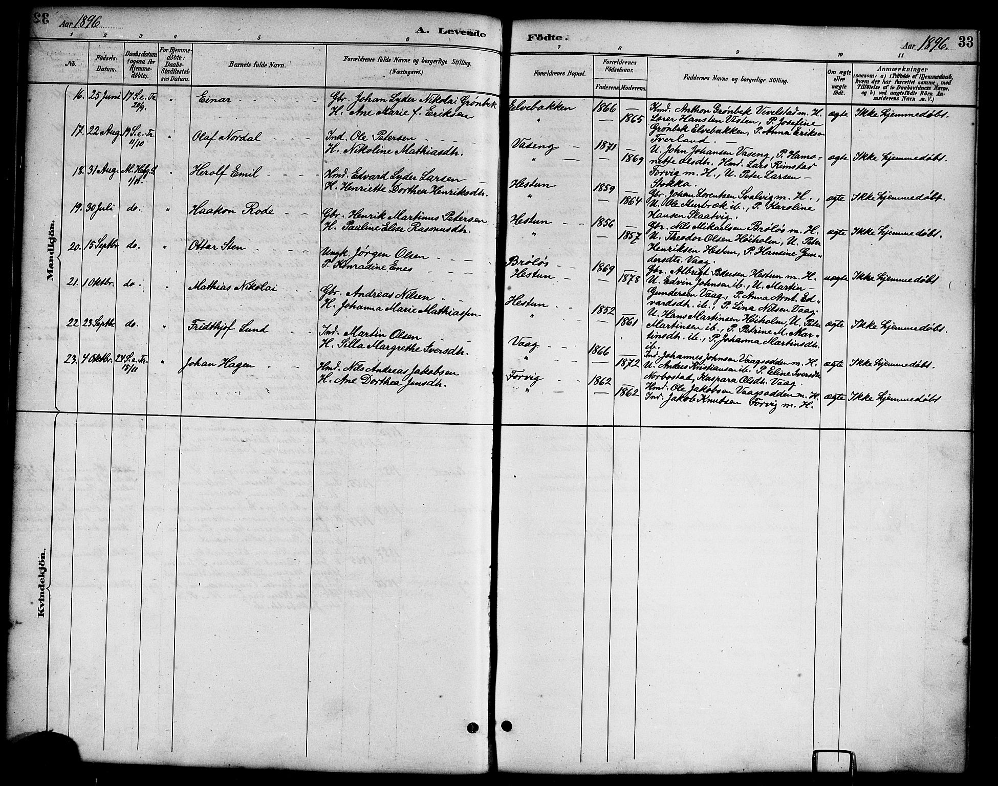 Ministerialprotokoller, klokkerbøker og fødselsregistre - Nordland, AV/SAT-A-1459/819/L0277: Parish register (copy) no. 819C03, 1888-1917, p. 33