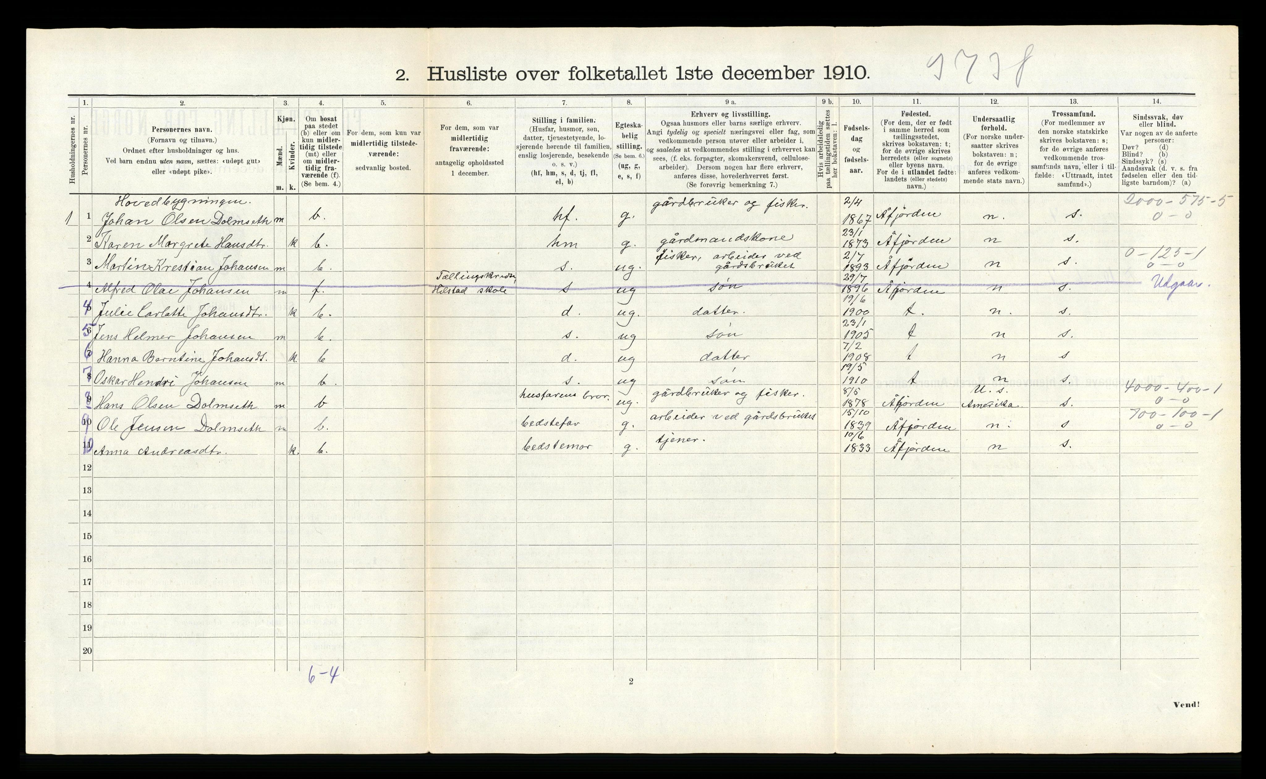 RA, 1910 census for Flatanger, 1910, p. 334