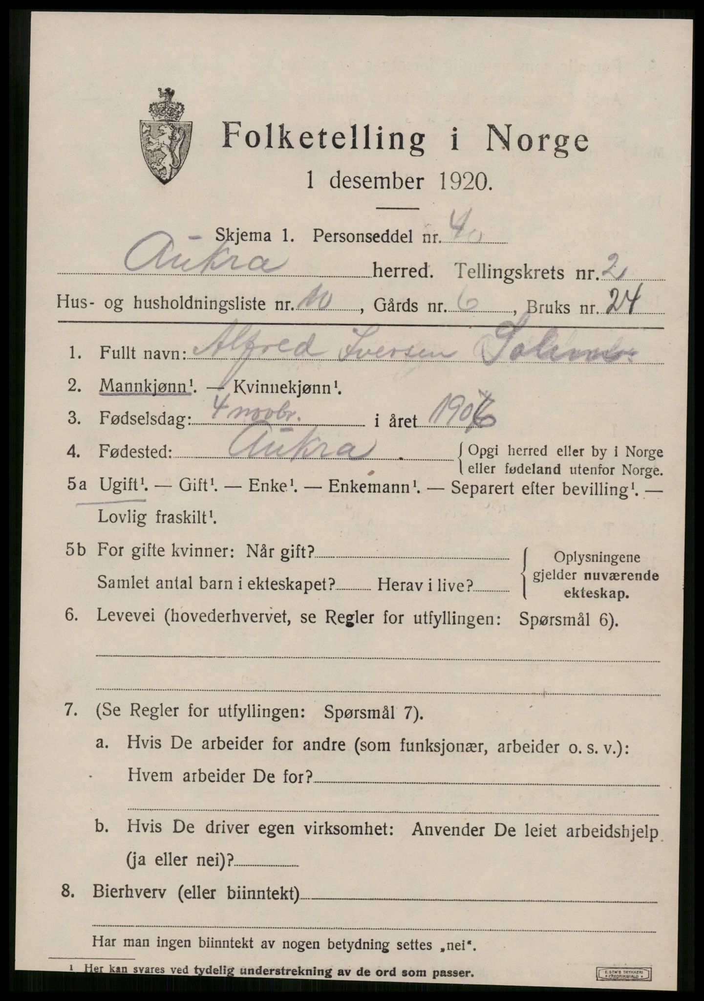 SAT, 1920 census for Aukra, 1920, p. 1735