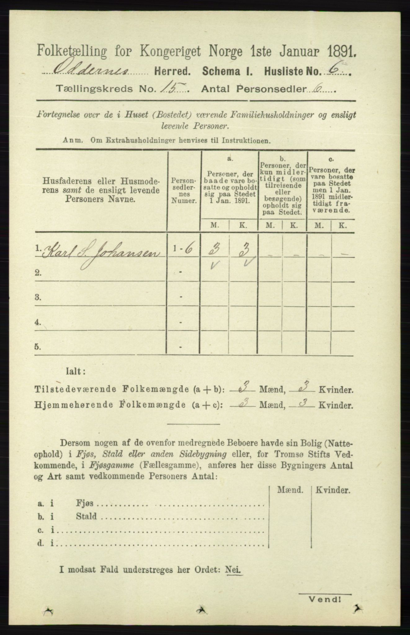 RA, 1891 census for 1012 Oddernes, 1891, p. 5015