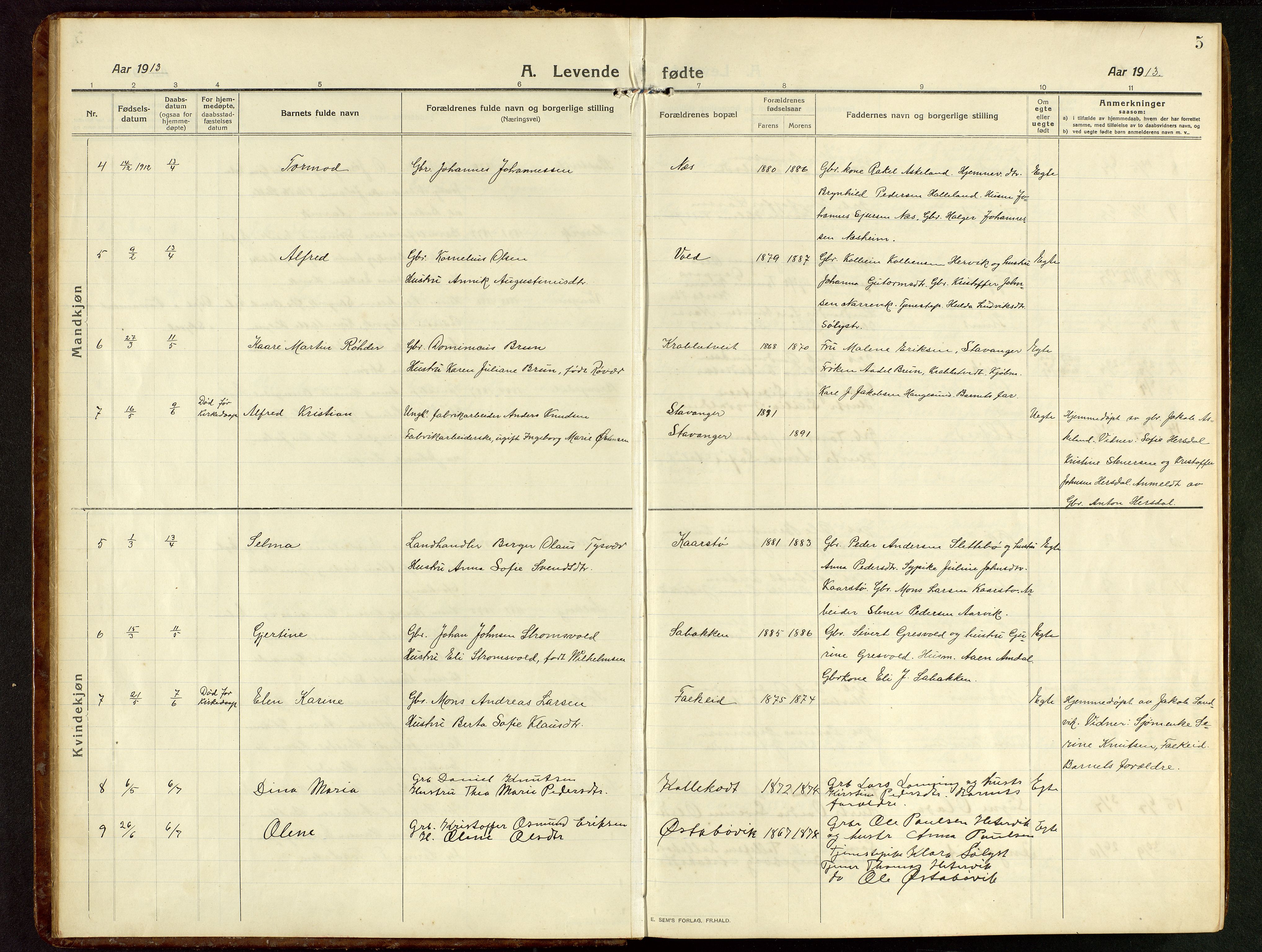 Tysvær sokneprestkontor, AV/SAST-A -101864/H/Ha/Hab/L0011: Parish register (copy) no. B 11, 1913-1946, p. 5