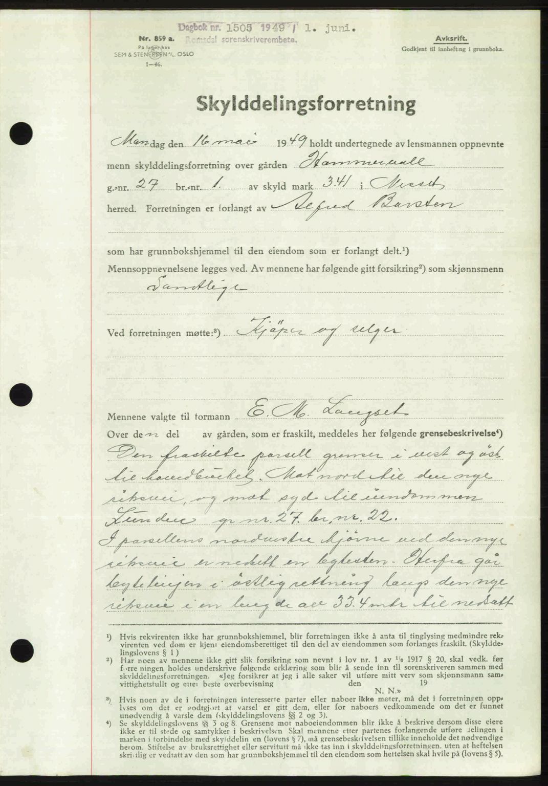 Romsdal sorenskriveri, AV/SAT-A-4149/1/2/2C: Mortgage book no. A29, 1949-1949, Diary no: : 1505/1949