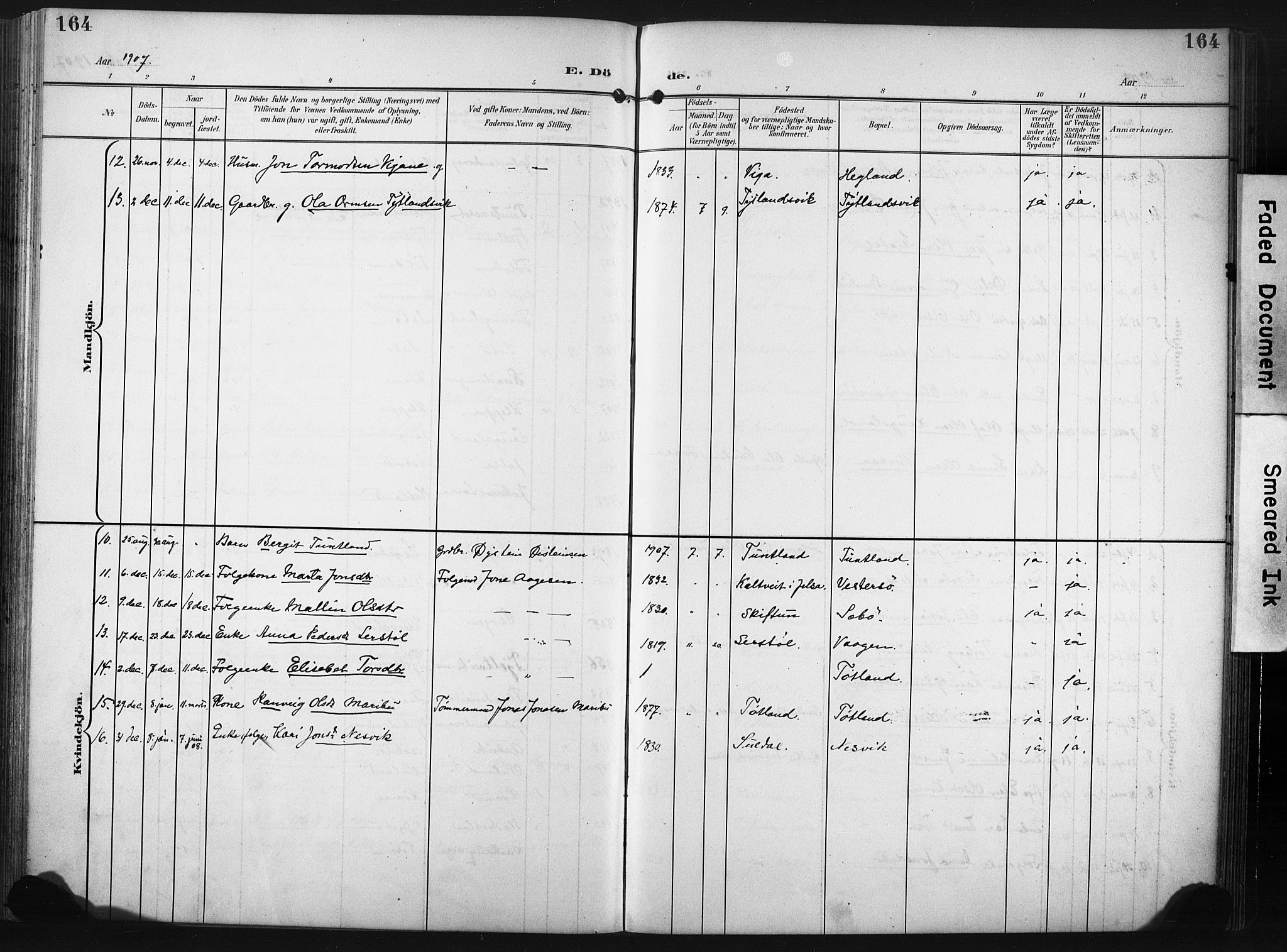 Hjelmeland sokneprestkontor, AV/SAST-A-101843/02/A/L0002: Parish register (official) no. A 17, 1901-1916, p. 164