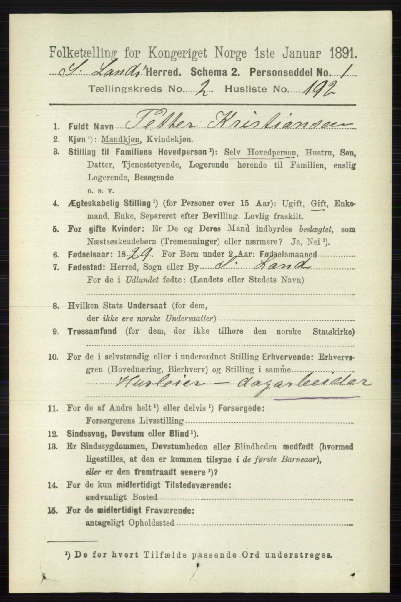 RA, 1891 census for 0536 Søndre Land, 1891, p. 2248