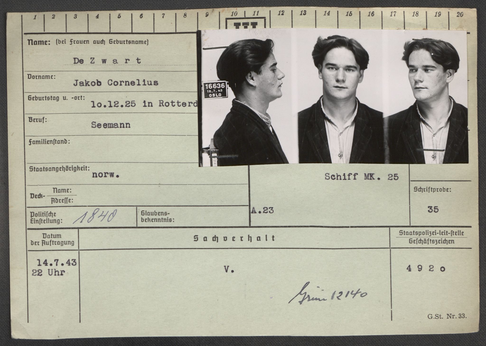 Befehlshaber der Sicherheitspolizei und des SD, RA/RAFA-5969/E/Ea/Eaa/L0010: Register over norske fanger i Møllergata 19: Sø-Å, 1940-1945, p. 1202