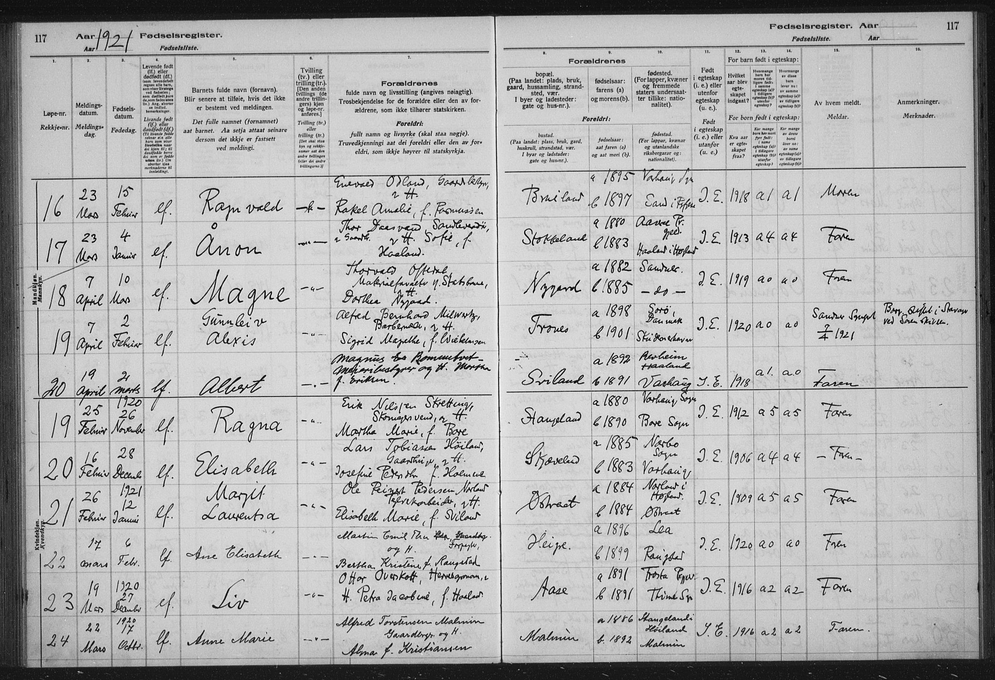 Høyland sokneprestkontor, AV/SAST-A-101799/002/O/L0001: Birth register no. 1, 1916-1924, p. 117