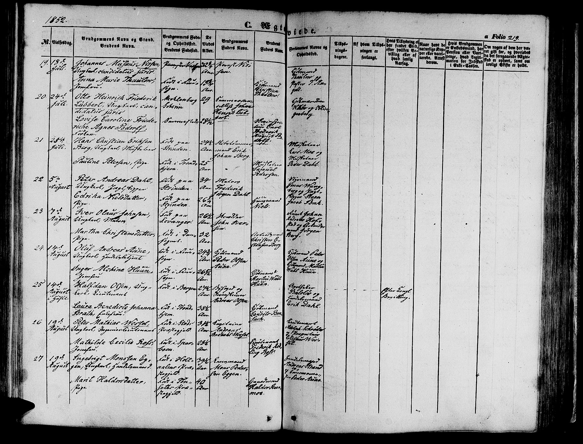 Ministerialprotokoller, klokkerbøker og fødselsregistre - Sør-Trøndelag, AV/SAT-A-1456/602/L0137: Parish register (copy) no. 602C05, 1846-1856, p. 219