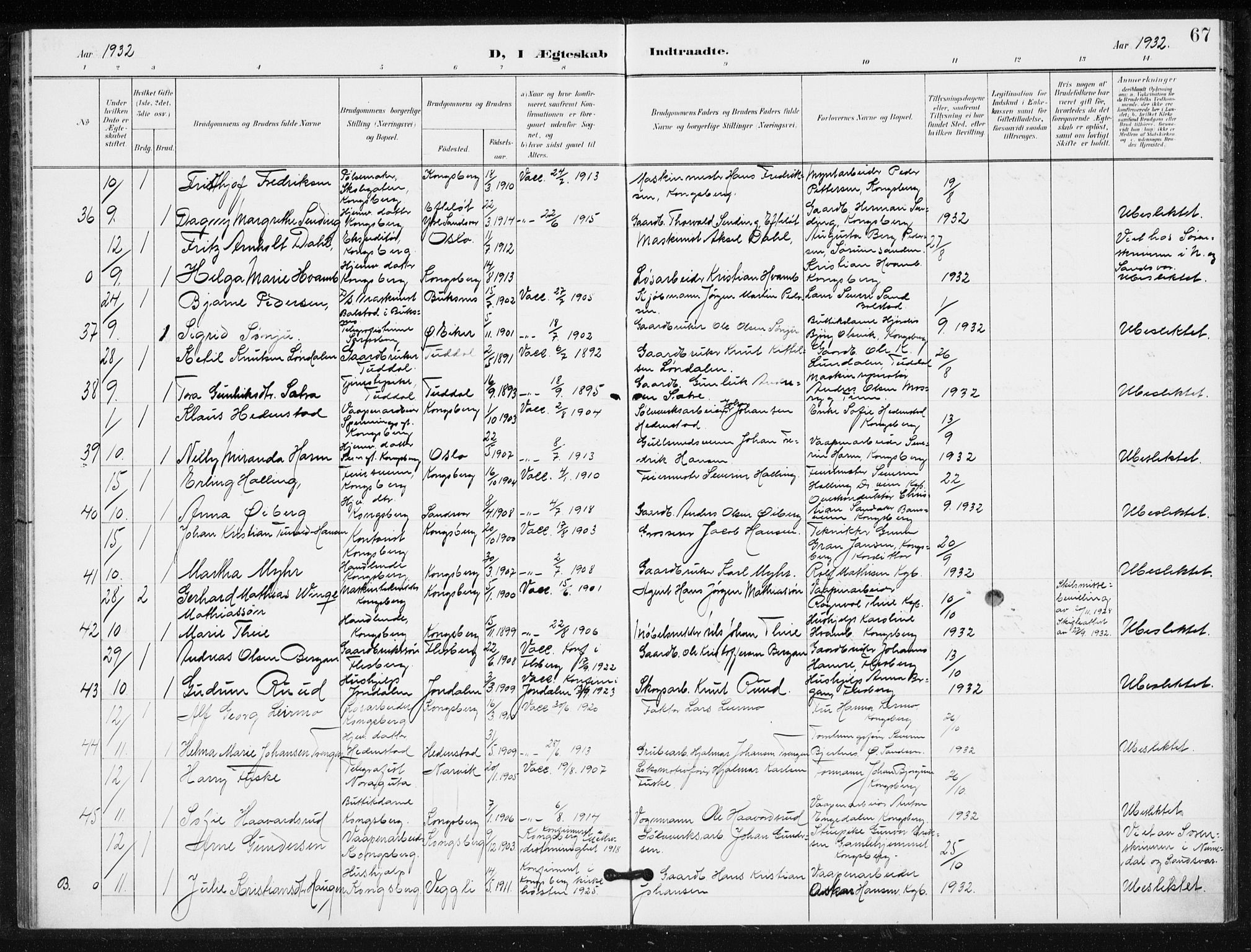 Kongsberg kirkebøker, AV/SAKO-A-22/G/Ga/L0009: Parish register (copy) no. 9, 1932-1938, p. 67