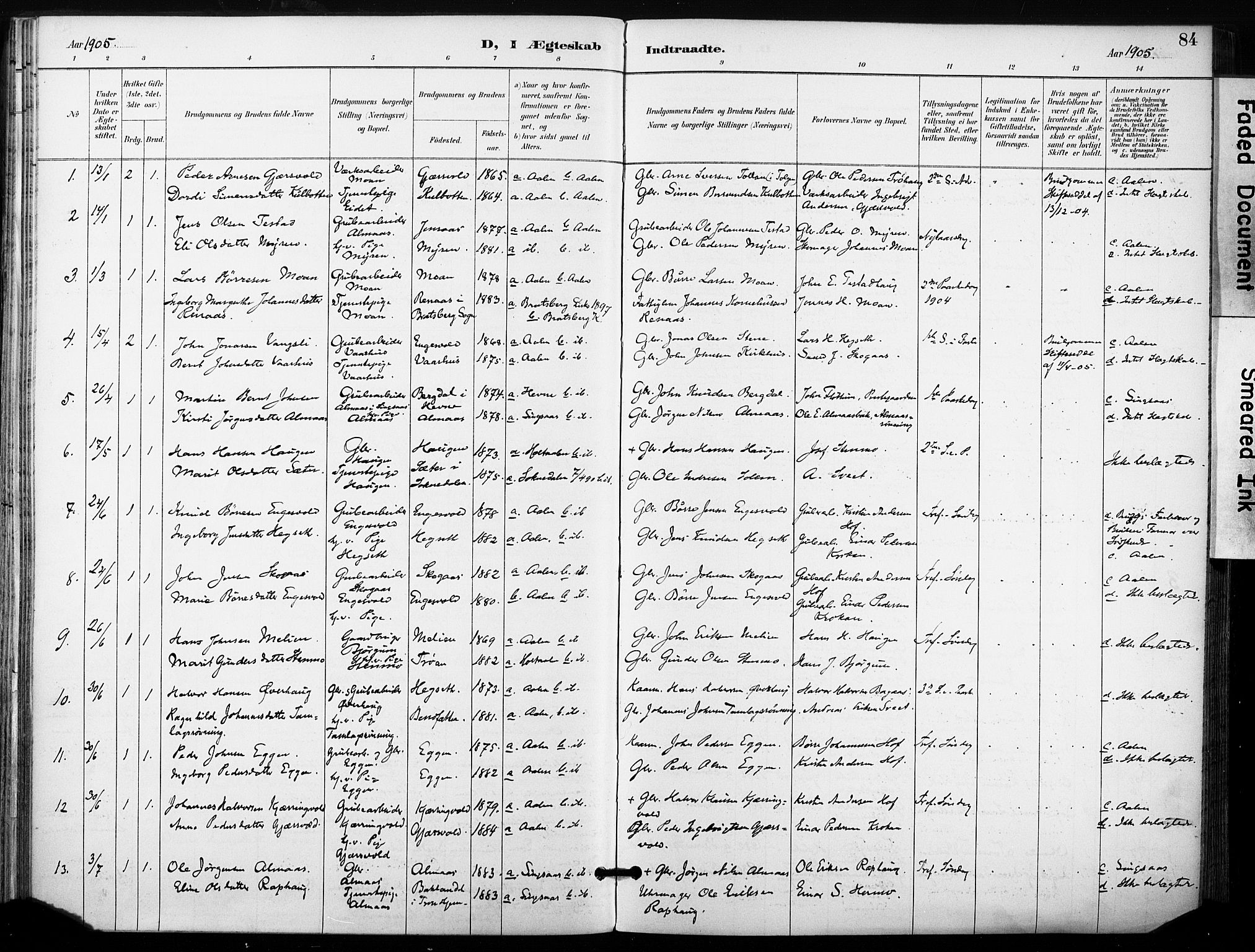 Ministerialprotokoller, klokkerbøker og fødselsregistre - Sør-Trøndelag, SAT/A-1456/685/L0973: Parish register (official) no. 685A10, 1891-1907, p. 84