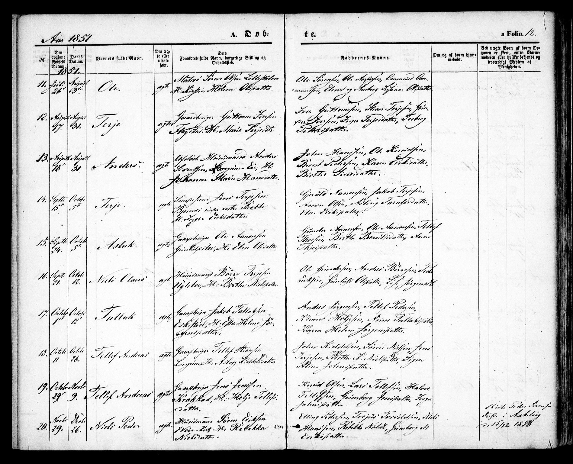 Austre Moland sokneprestkontor, AV/SAK-1111-0001/F/Fa/Faa/L0007: Parish register (official) no. A 7, 1847-1857, p. 12