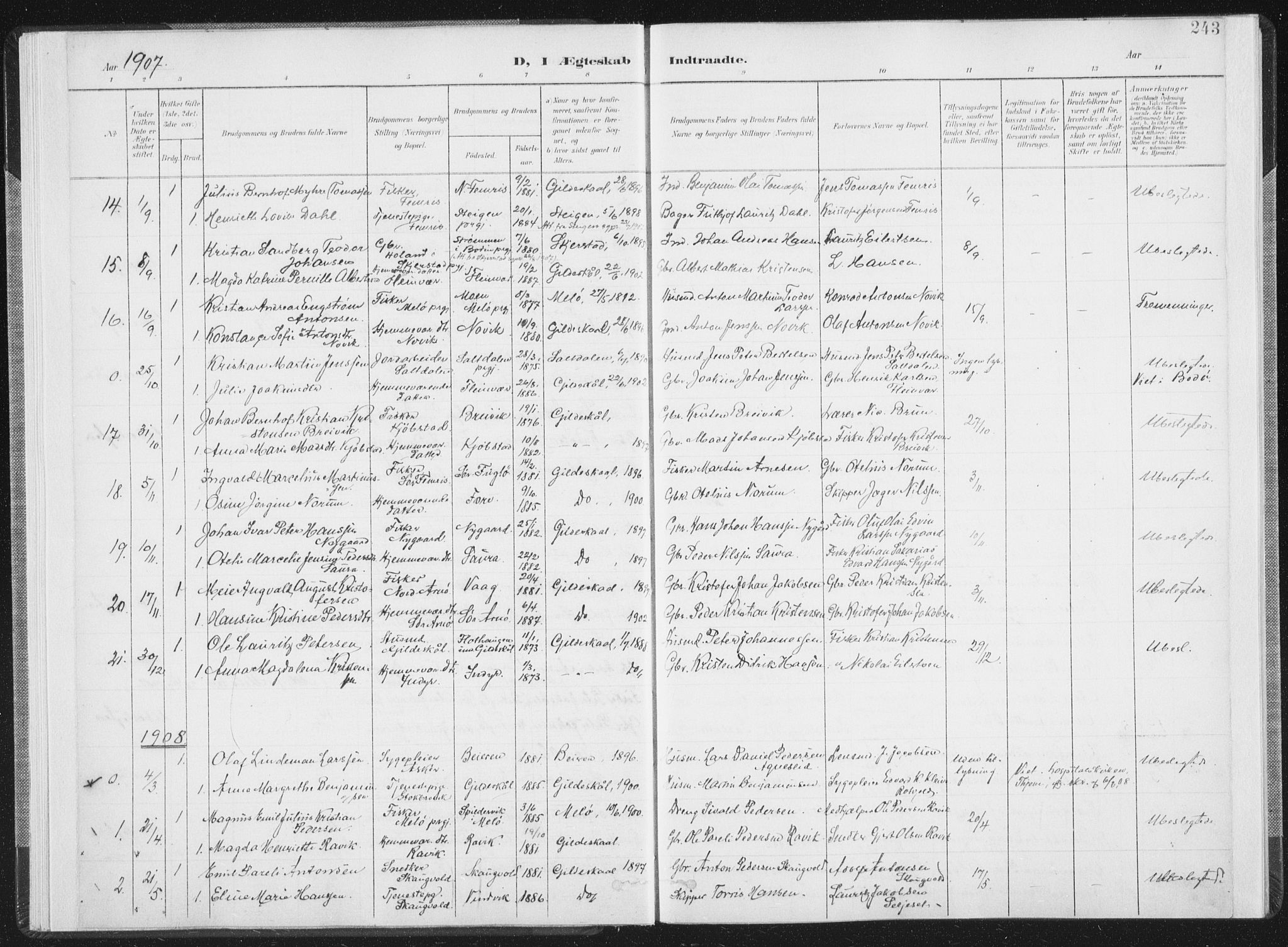 Ministerialprotokoller, klokkerbøker og fødselsregistre - Nordland, SAT/A-1459/805/L0103: Parish register (official) no. 805A08II, 1900-1909, p. 243