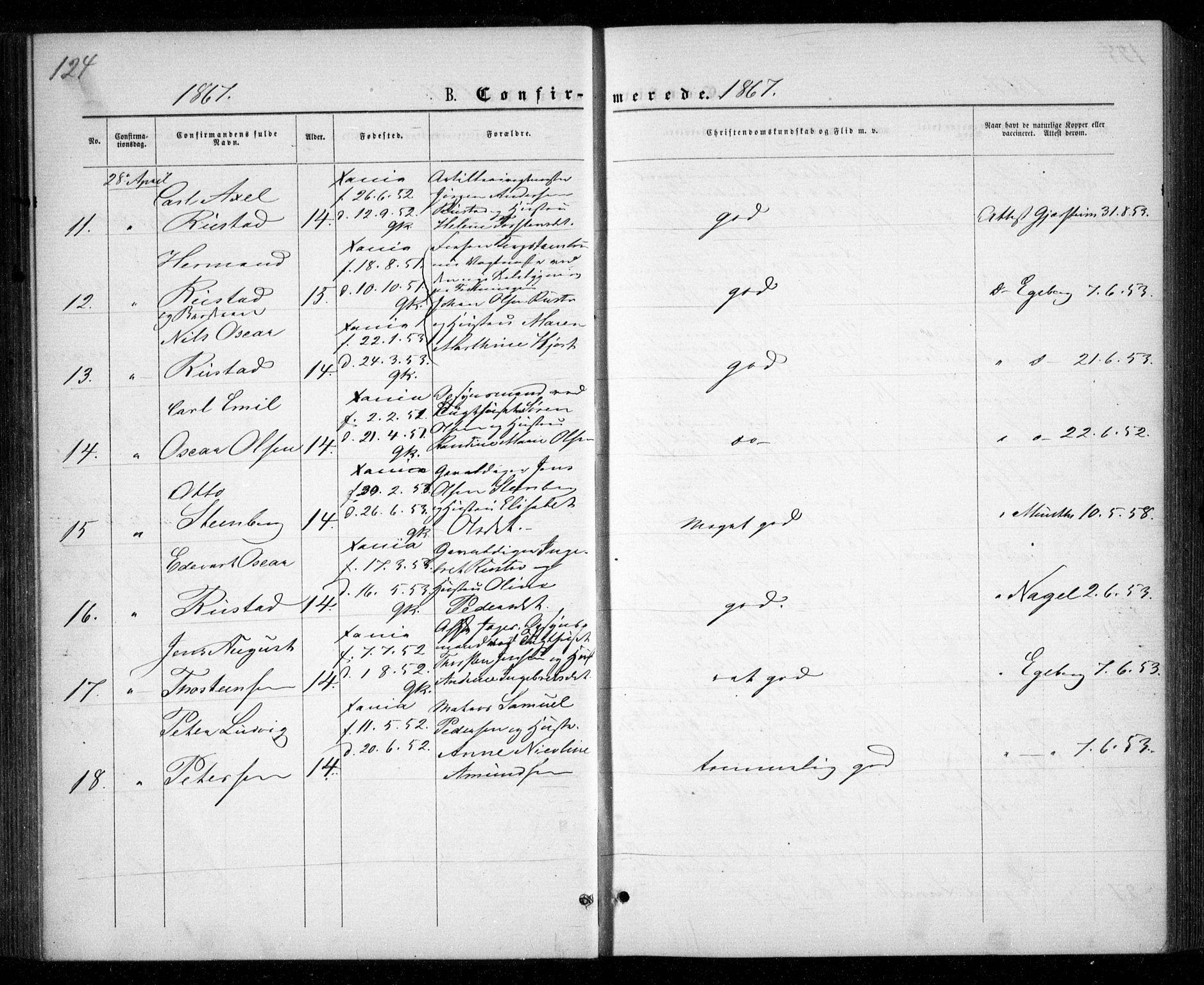 Garnisonsmenigheten Kirkebøker, SAO/A-10846/G/Ga/L0006: Parish register (copy) no. 6, 1860-1880, p. 124