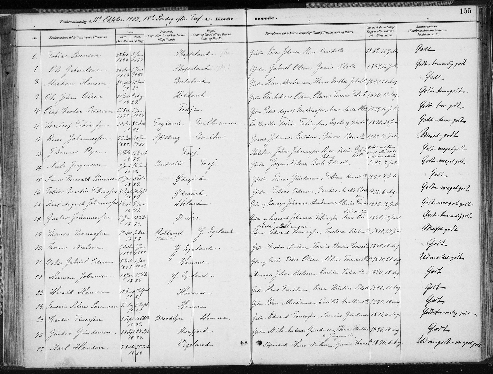 Sør-Audnedal sokneprestkontor, AV/SAK-1111-0039/F/Fa/Fab/L0010: Parish register (official) no. A 10, 1892-1913, p. 155