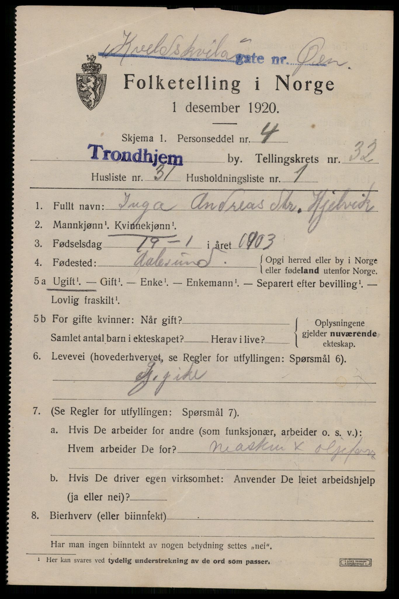 SAT, 1920 census for Trondheim, 1920, p. 78026
