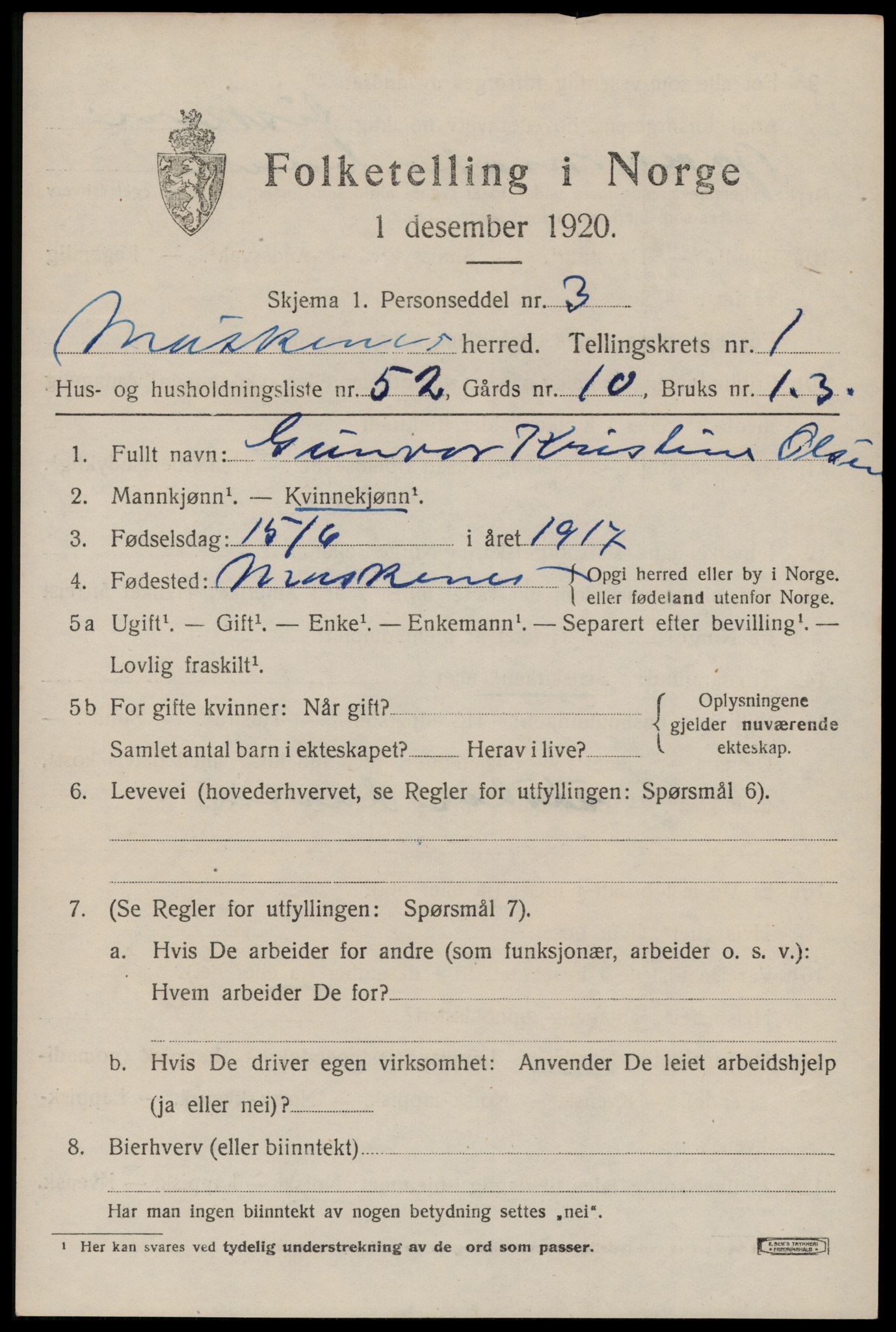 SAT, 1920 census for Moskenes, 1920, p. 1056