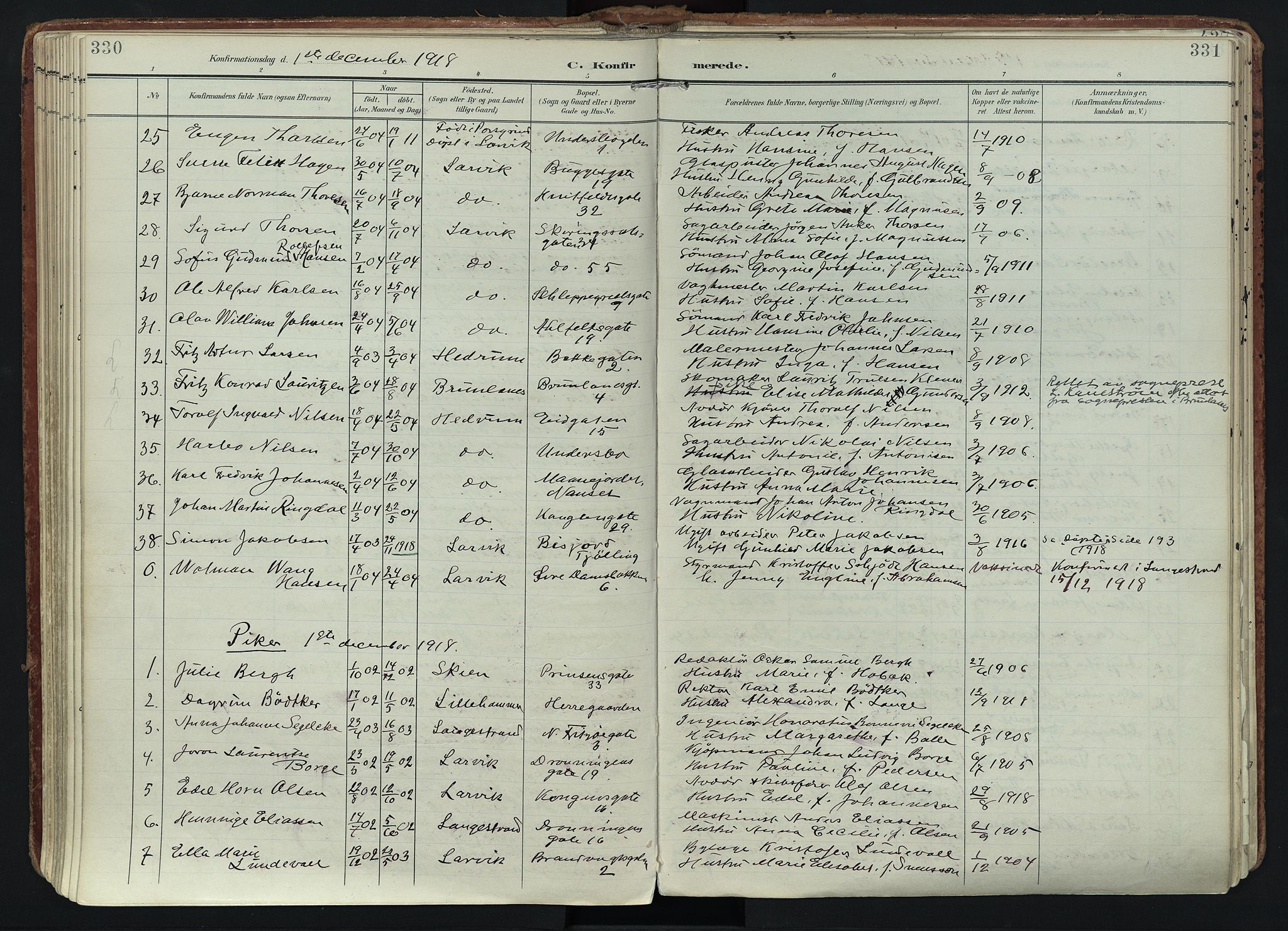 Larvik kirkebøker, AV/SAKO-A-352/F/Fa/L0011: Parish register (official) no. I 11, 1902-1922, p. 330-331