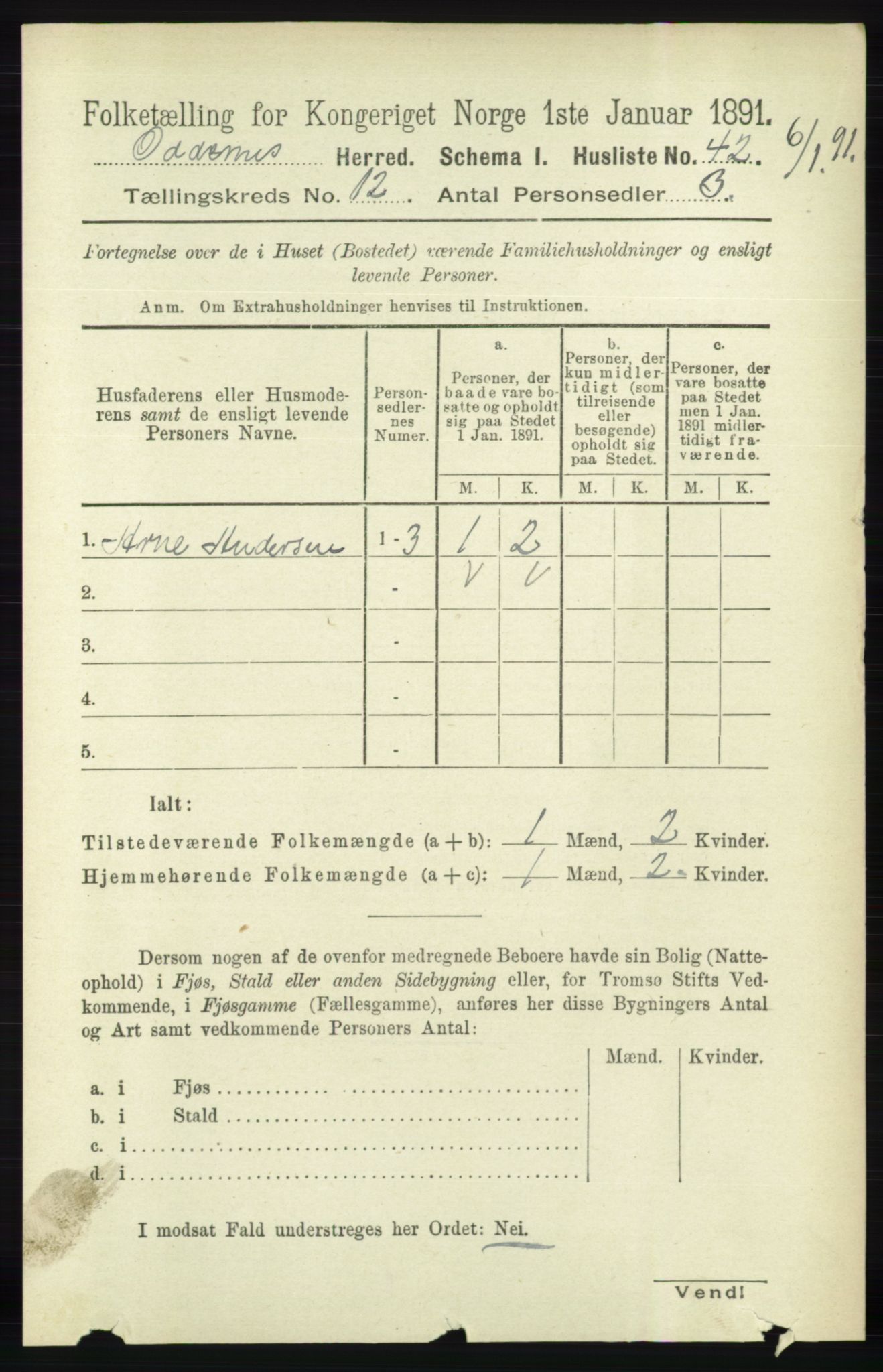 RA, 1891 census for 1012 Oddernes, 1891, p. 4352