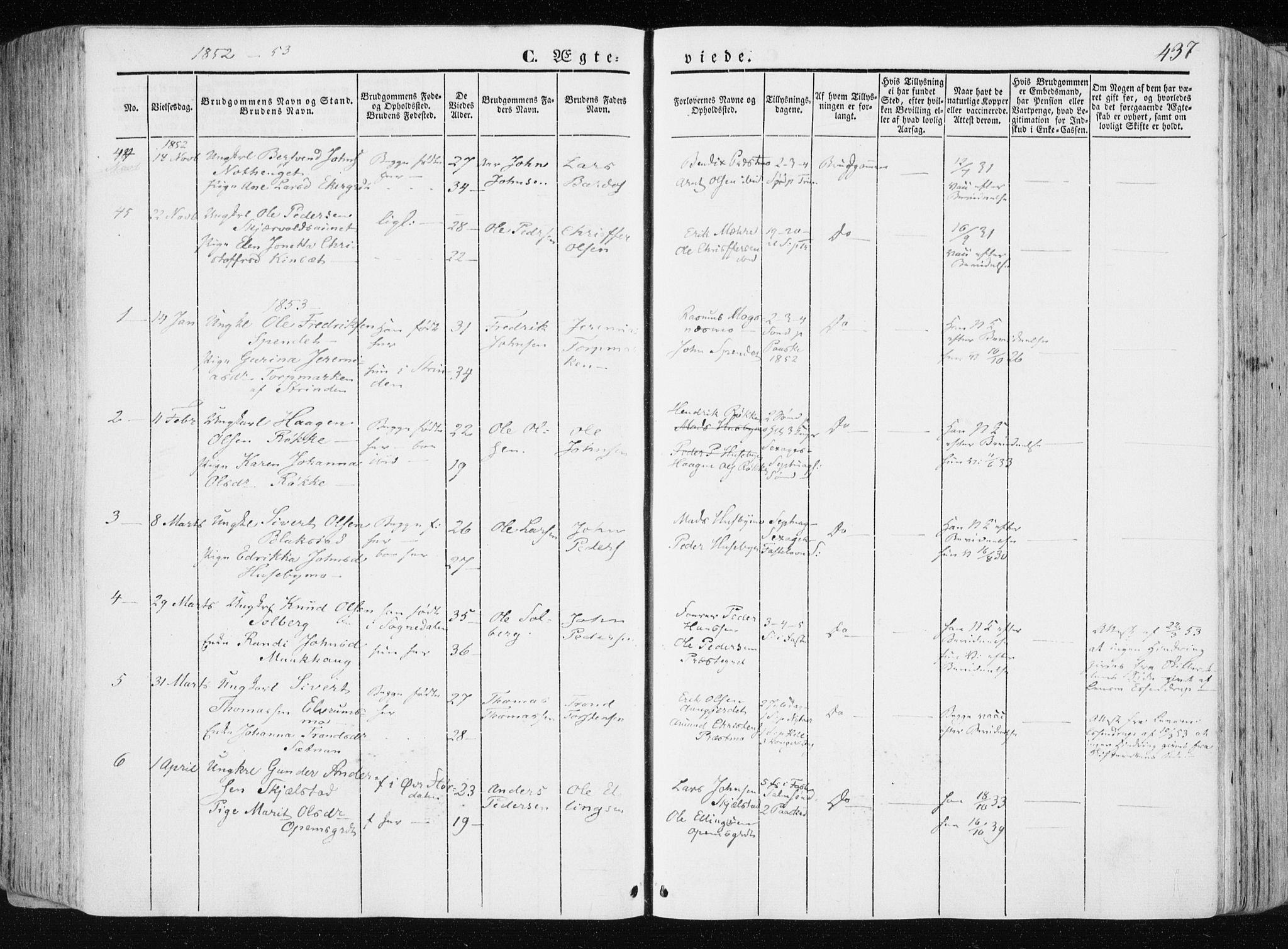 Ministerialprotokoller, klokkerbøker og fødselsregistre - Nord-Trøndelag, SAT/A-1458/709/L0074: Parish register (official) no. 709A14, 1845-1858, p. 437