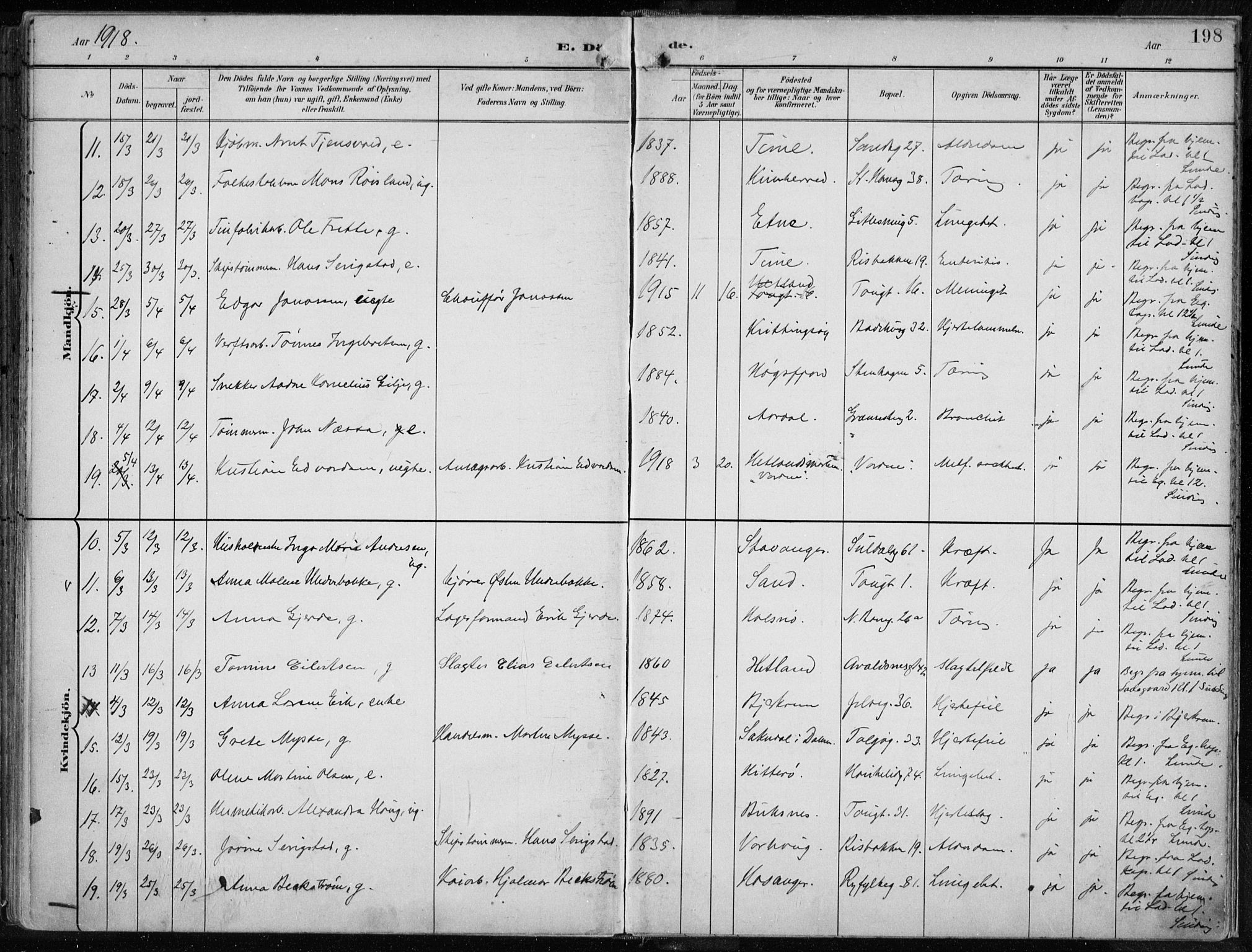 St. Johannes sokneprestkontor, SAST/A-101814/001/30/30BA/L0005: Parish register (official) no. A 5, 1898-1919, p. 198