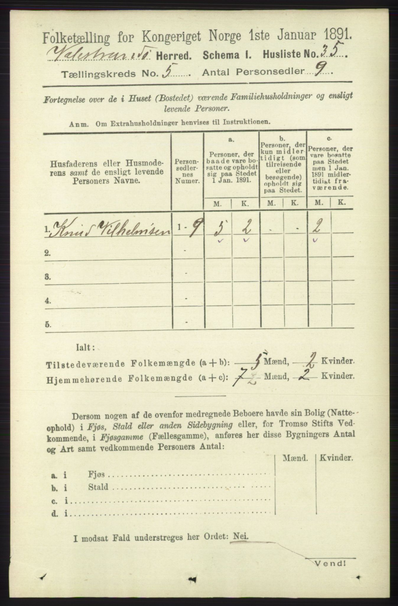 RA, 1891 census for 1217 Valestrand, 1891, p. 1123