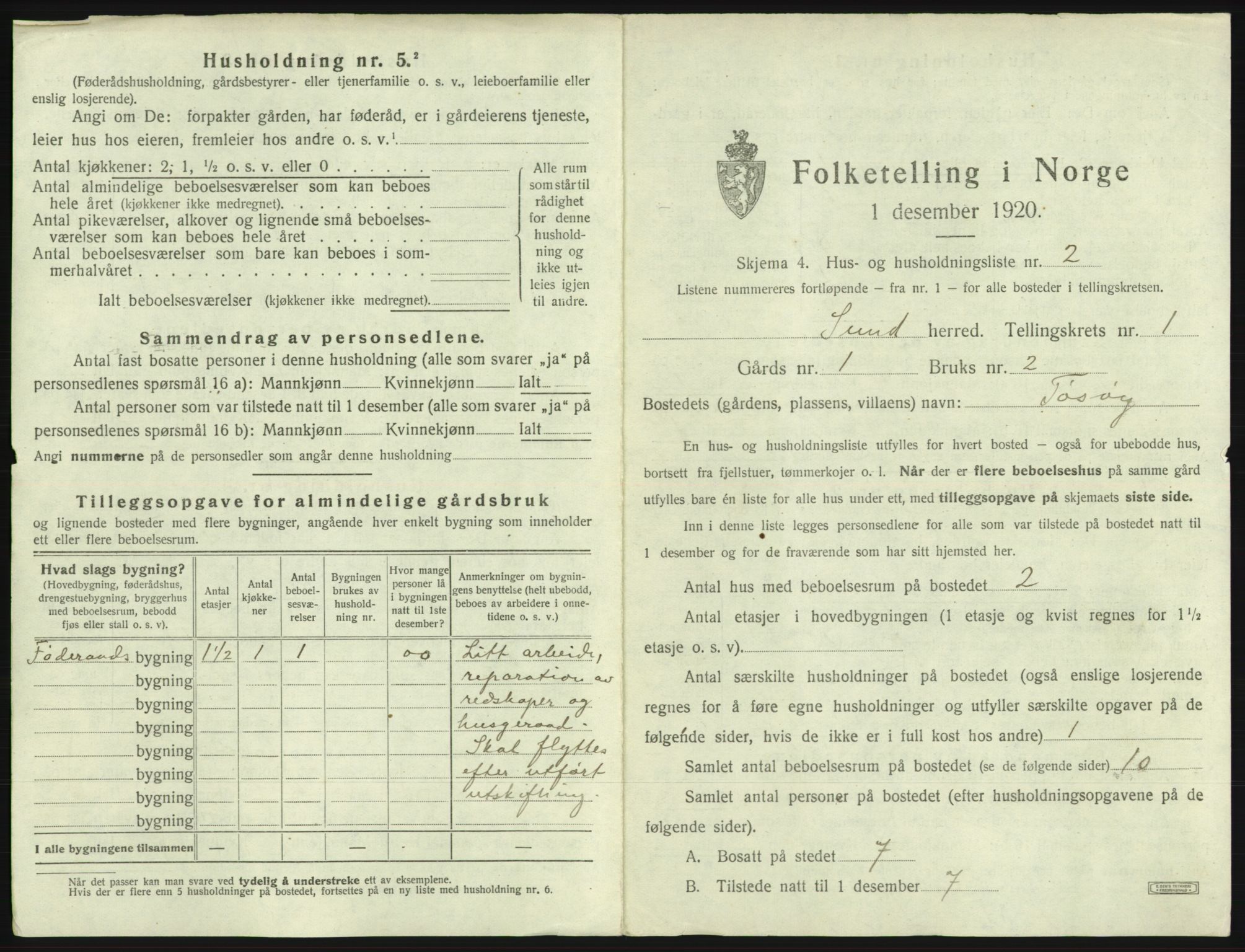 SAB, 1920 census for Sund, 1920, p. 40